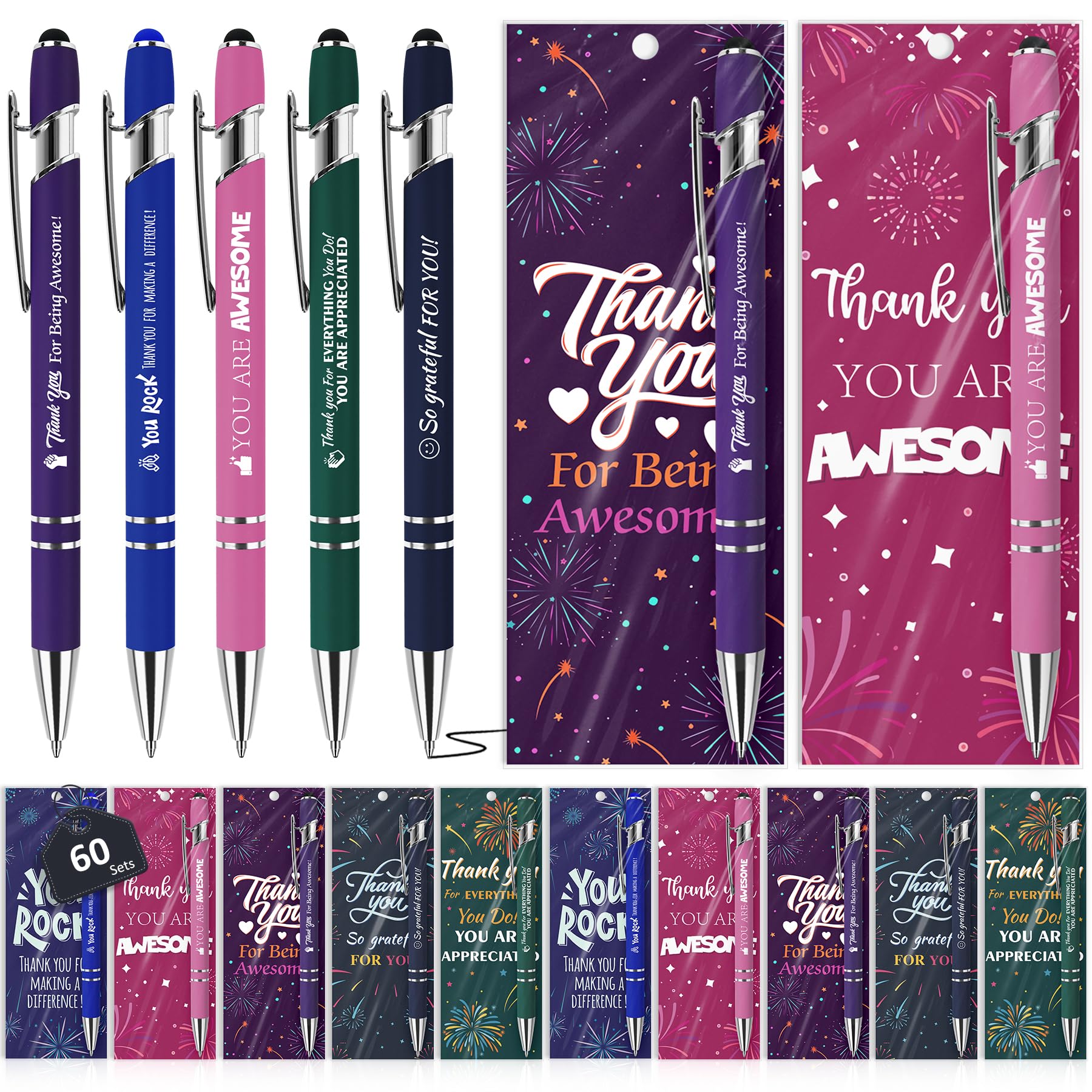 60 Sets Christmas Employee Appreciation Gifts Ballpoint Pens Bulk Black Ink Stylus Caps Bookmarks