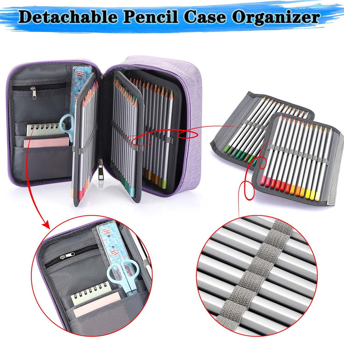 BTSKY® High Capacity Zipper Pens Pencil Case- Multi-Functional Stationery Pouch 72 Slots Colored