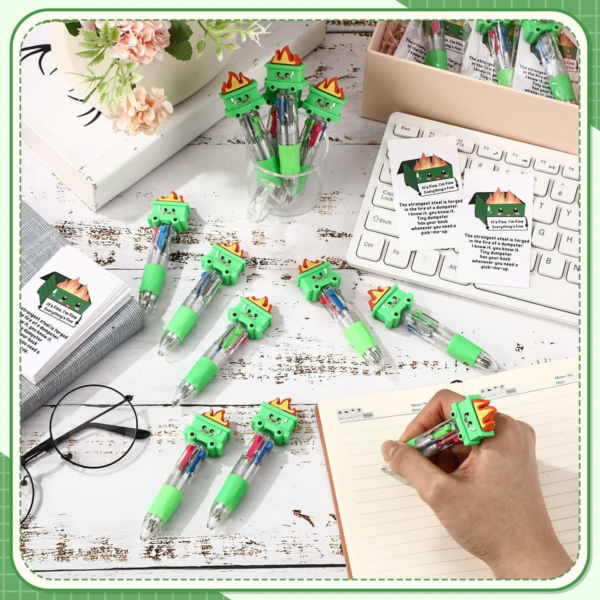 Sayglossy 50 Sets Dumpster Fire Pen Bulk, 4-in-1 Ballpoint Pens with Cards