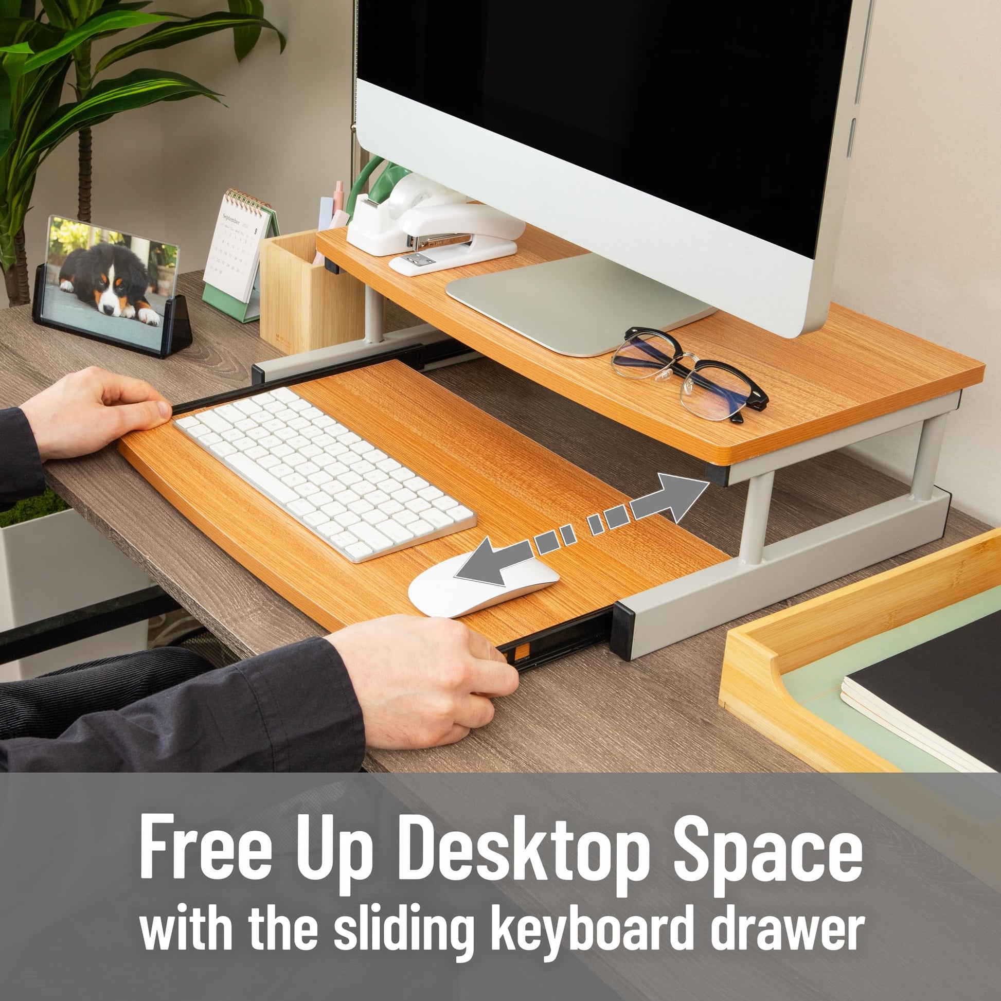 Mind Reader Monitor Stand, Sliding Keyboard Drawer, Laptop, Riser, Office, Wood/Metal, 20"L x