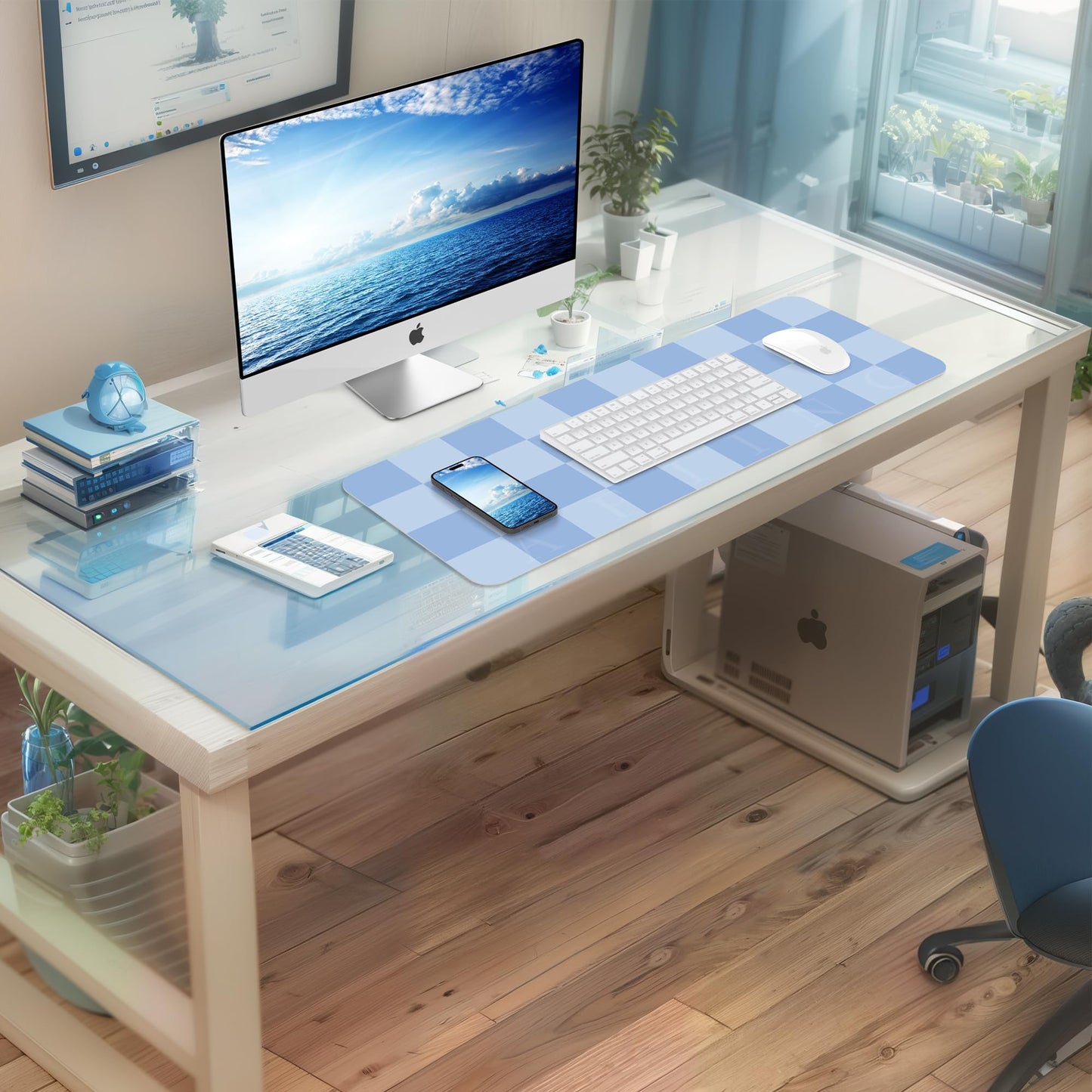 AFIING Light Blue Desk Mat 31.5" x 12", Waterproof PU Leather Desk Pad