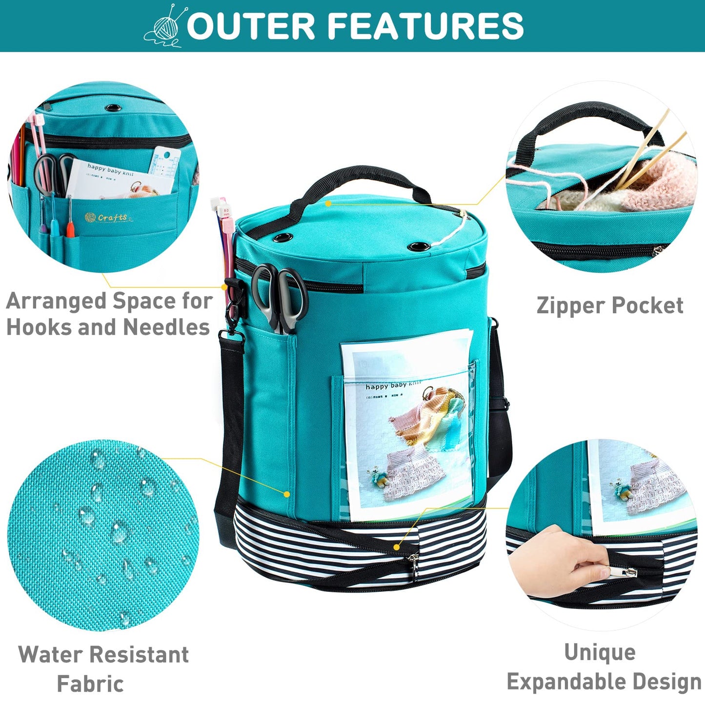MYBAGZING Expandable Crochet Bag Organizer w/Yarn Grommets& Zipper Closure