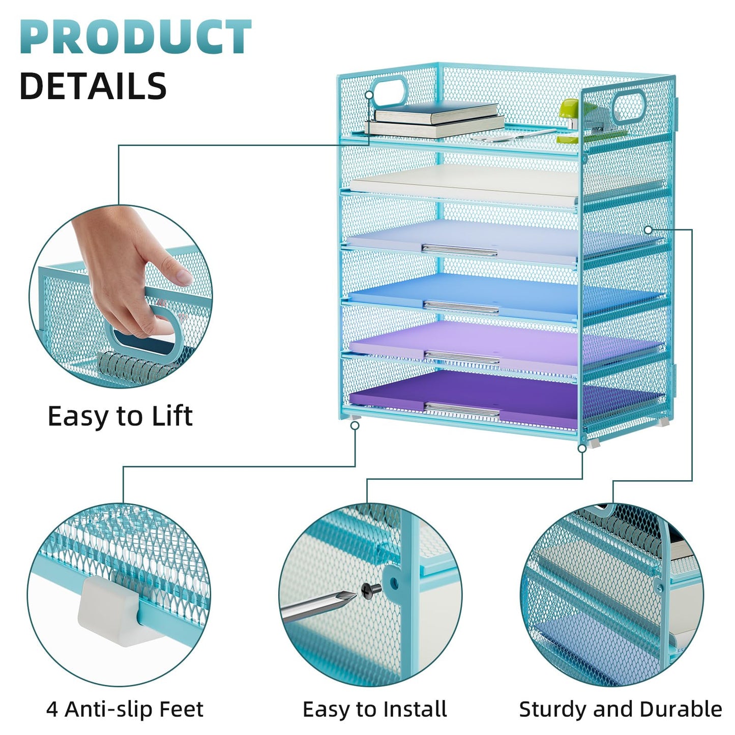 Marbrasse 6 Tier Paper Organizer Letter Tray - Mesh Desk File Organizer with Handle, Paper Sorter