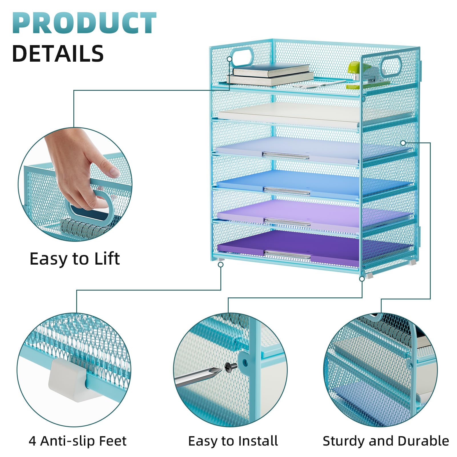 Marbrasse 6 Tier Paper Organizer Letter Tray - Mesh Desk File Organizer with Handle, Paper Sorter