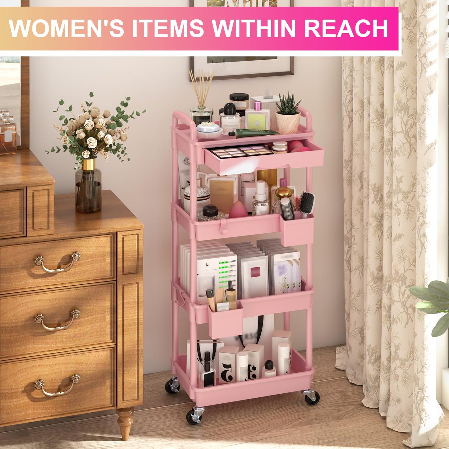 Goovilla 4 Tier Rolling Utility Cart Organizer with Removable Drawer, Pink