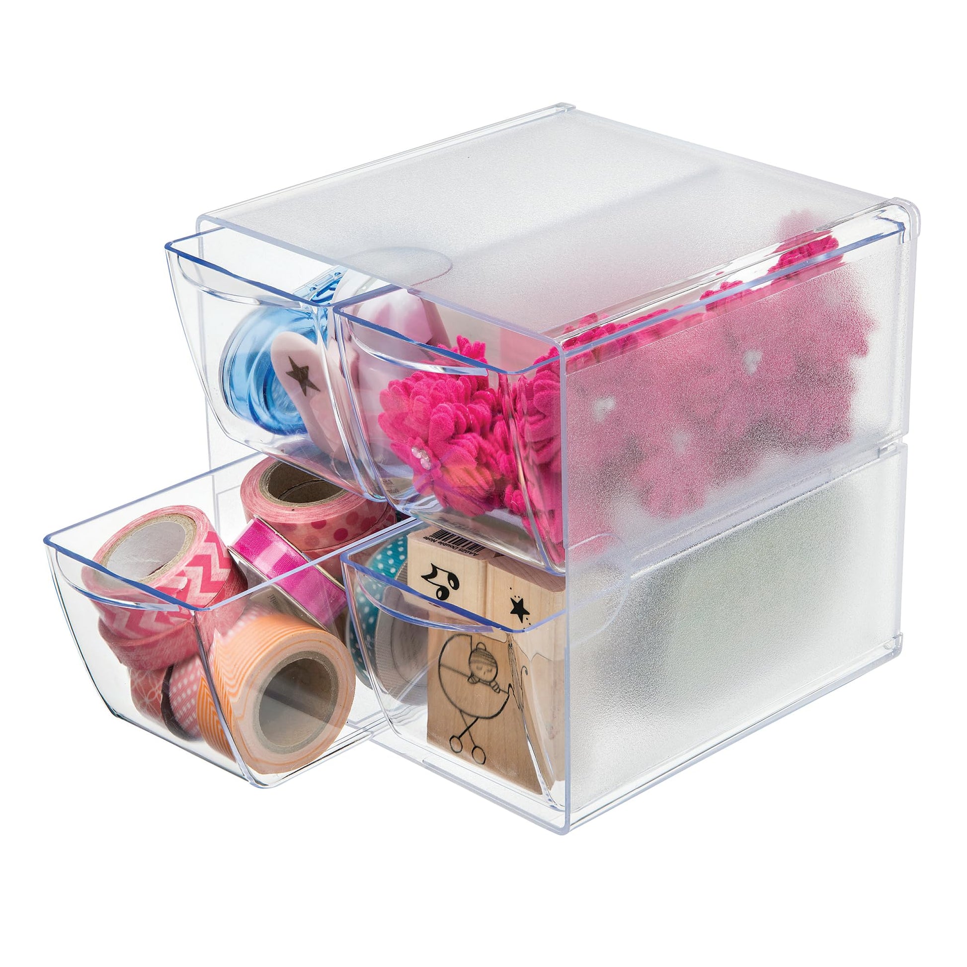 Deflecto Stackable Cube Organizer, Desk and Craft Organizer, 4 Drawers, Clear, Removable Drawers