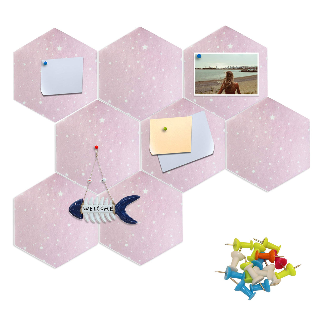 Fovasen 8 Pcs Felt Hexagon Cork Board Tiles, Self-Adhesive Notice Board Pink Wall Tiles with Push