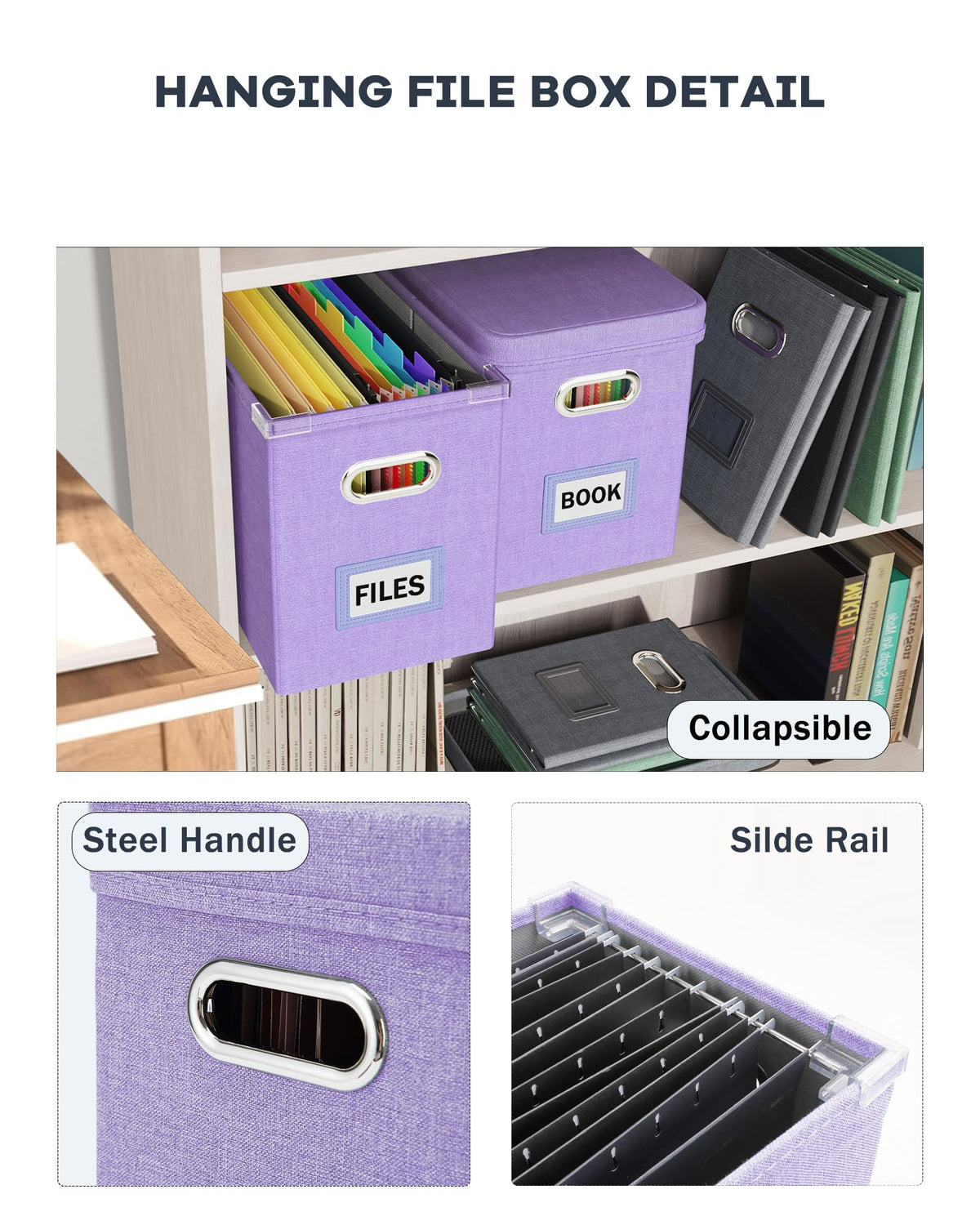 Oterri File Organizer Box with Lid, Hanging Filing File Box with Mesh Pocket, Document Organizer