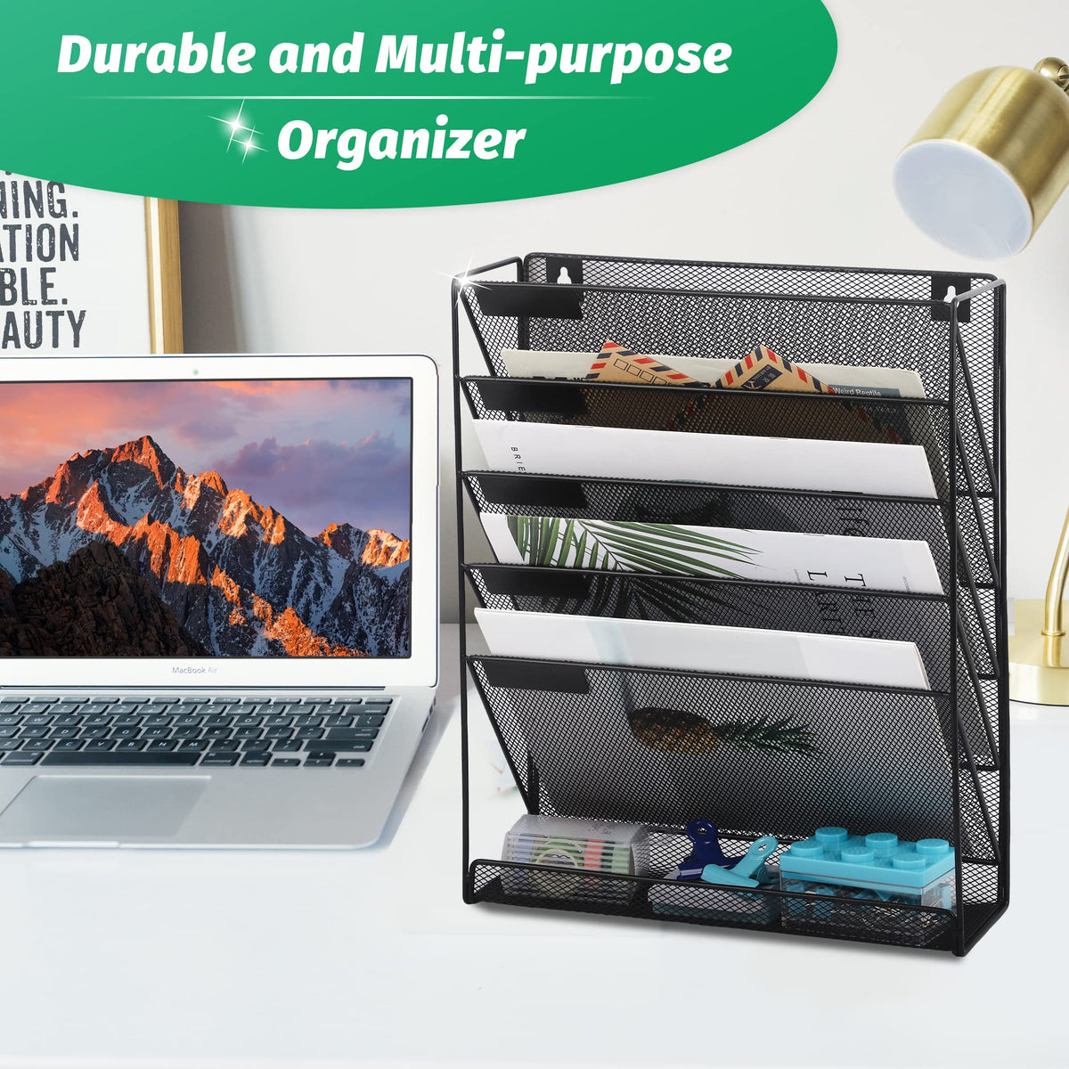 EASEPRES Desk File Organizer Mesh 6-Tier, Hanging Wall Mount Document Organization Stand, Desktop