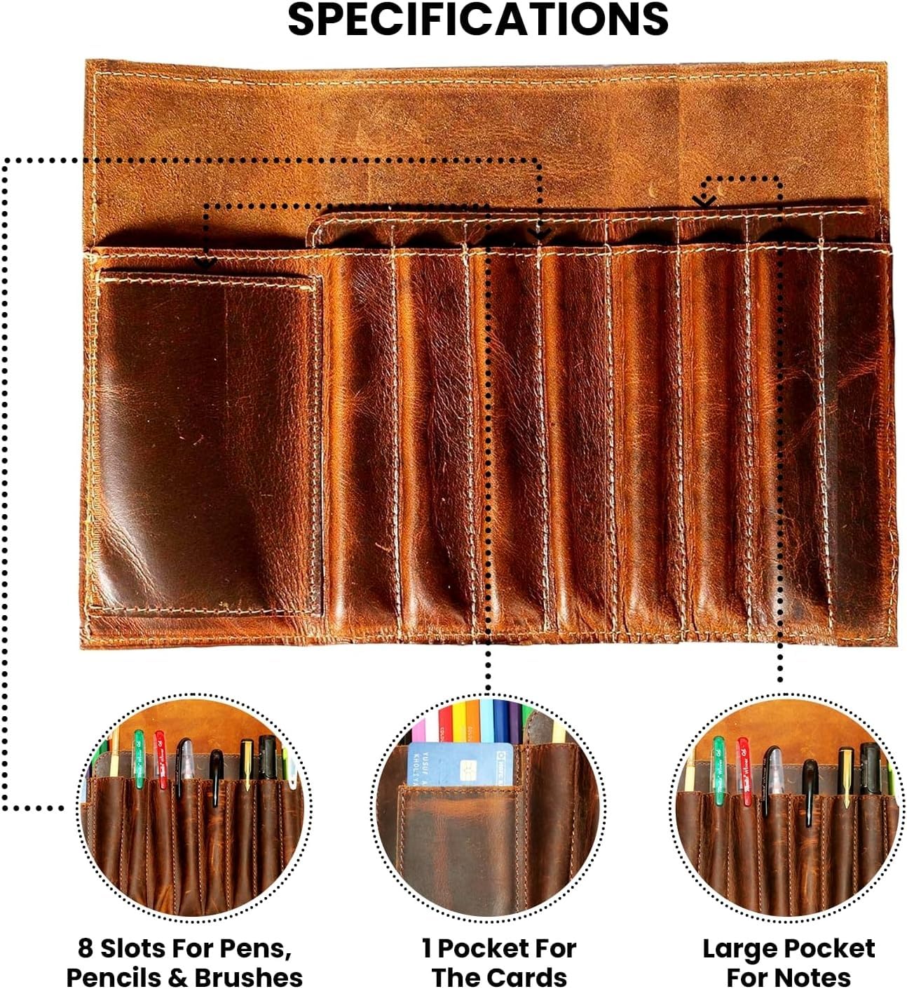 Jaald Genuine Leather Pencil Roll Brush Case Pen Holder Organizer Brushes Ruler Stationary Pouch