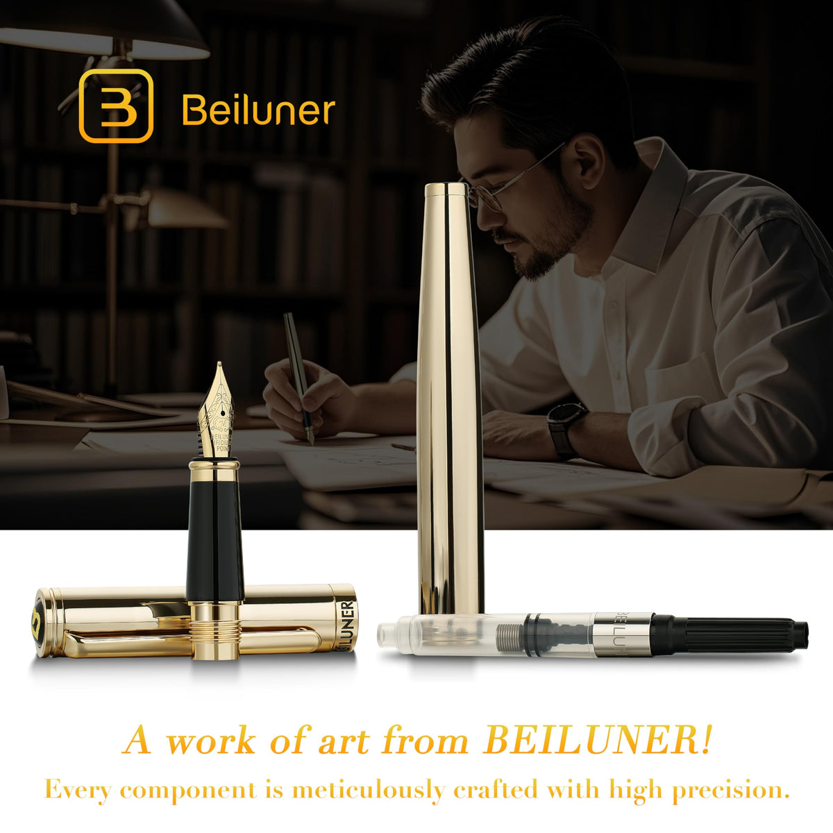 BEILUNER Gold Fountain Pen,Stunning Luxury Pens with 24K Gold Finish, Gorgeous 24K Gilded