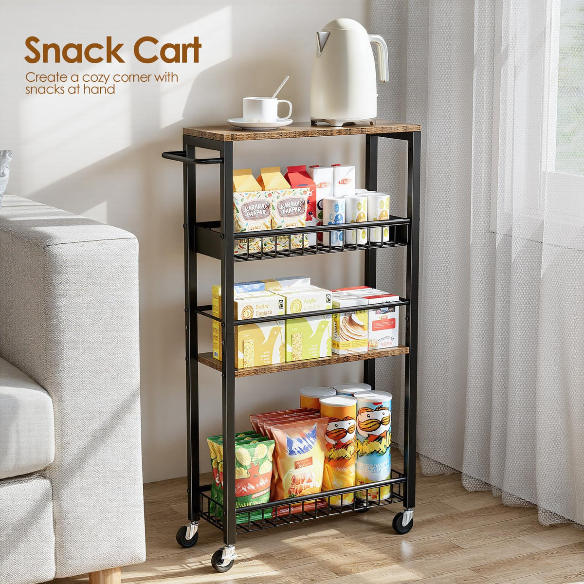 Kssiaz Slim Rolling Storage Cart, 4 Tier Narrow Storage Cart, 7.1in(W)