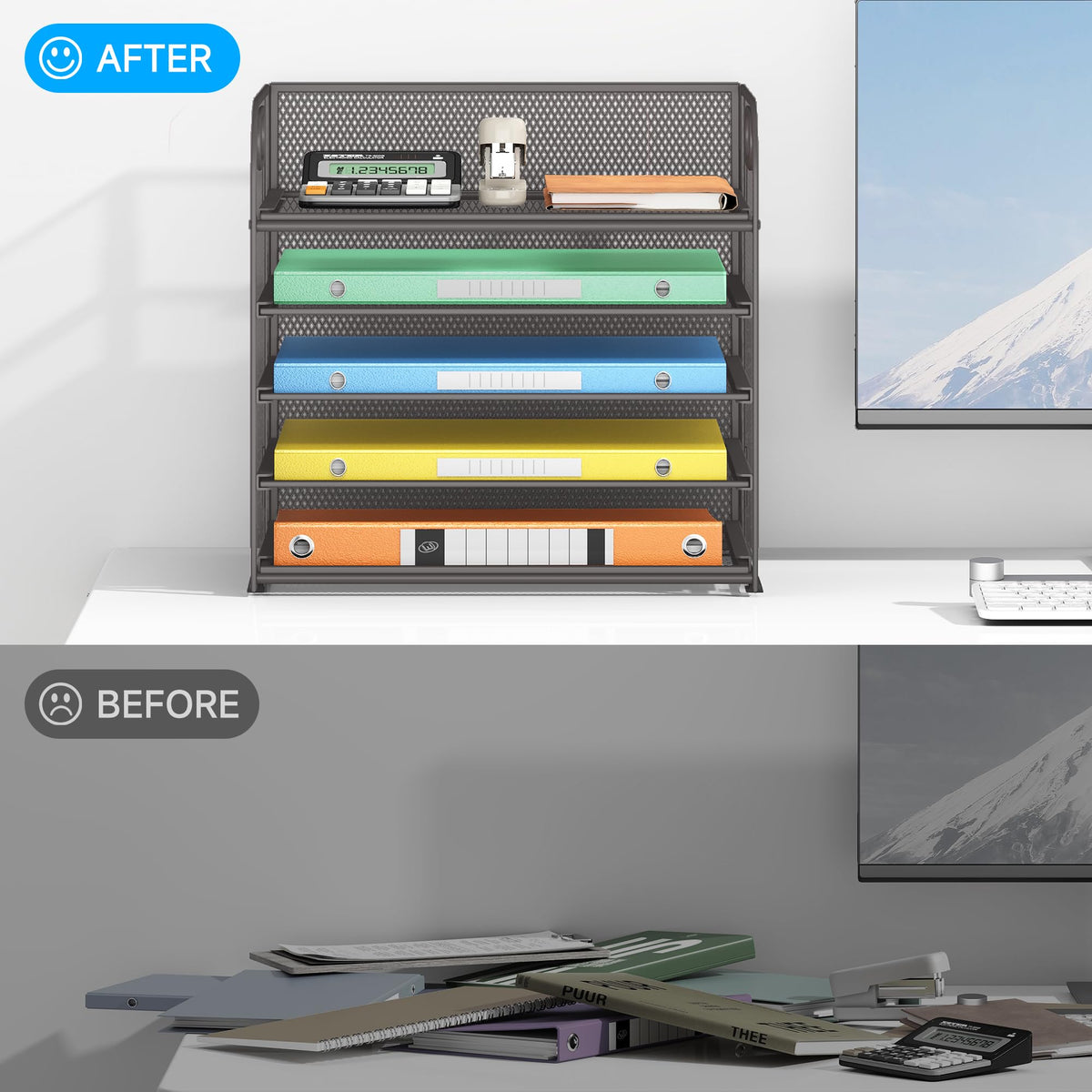 Lavatino 5 Tray Desk File Organizer, Mesh Paper Sorter Letter Tray Organizer with Handle, Desktop