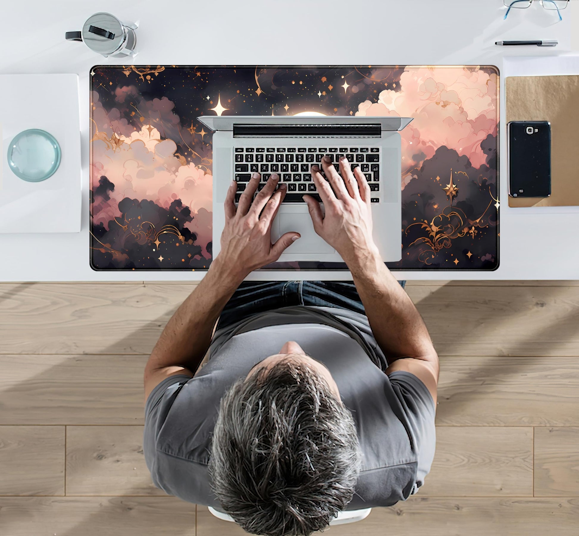 Pink Black Clouds Desk Mat XXL Large Extended Gaming Mouse Pad Celestial Mousepad with Stitched