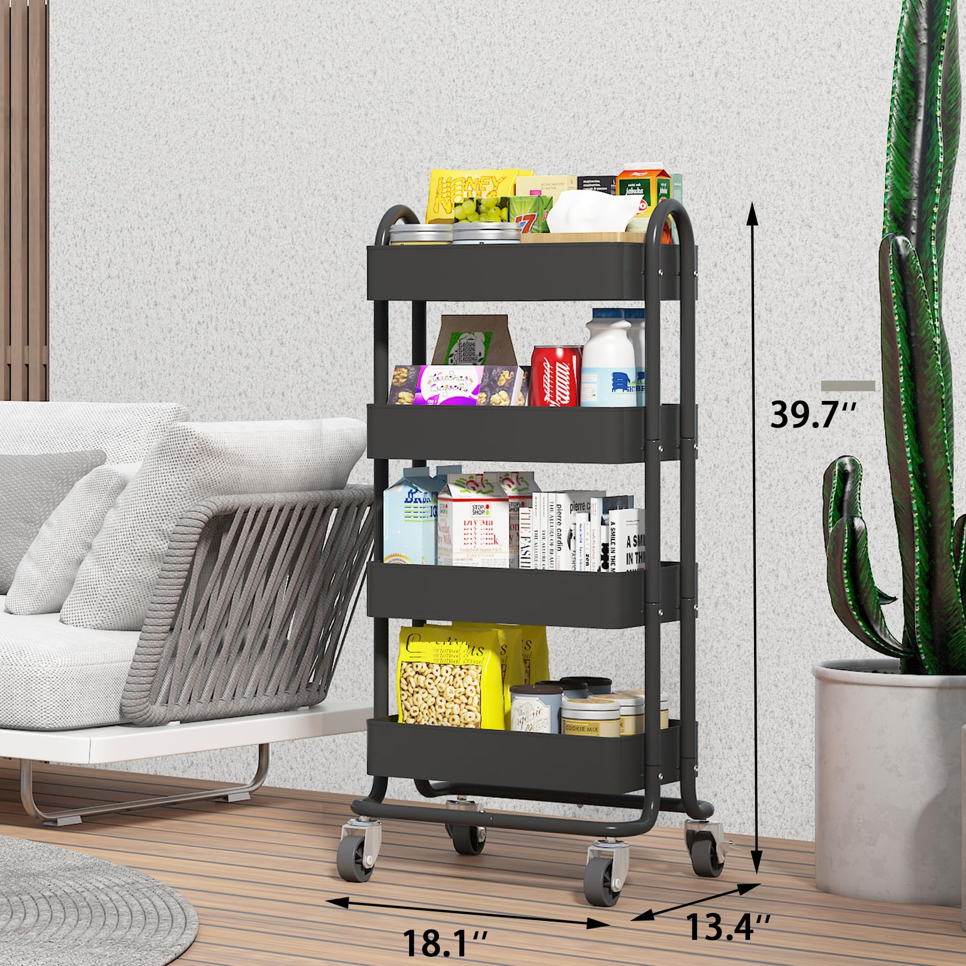 Elitehouse 4-Tier Metal Rolling Cart with Wheels,4 Tier Utility Cart with Wheels for