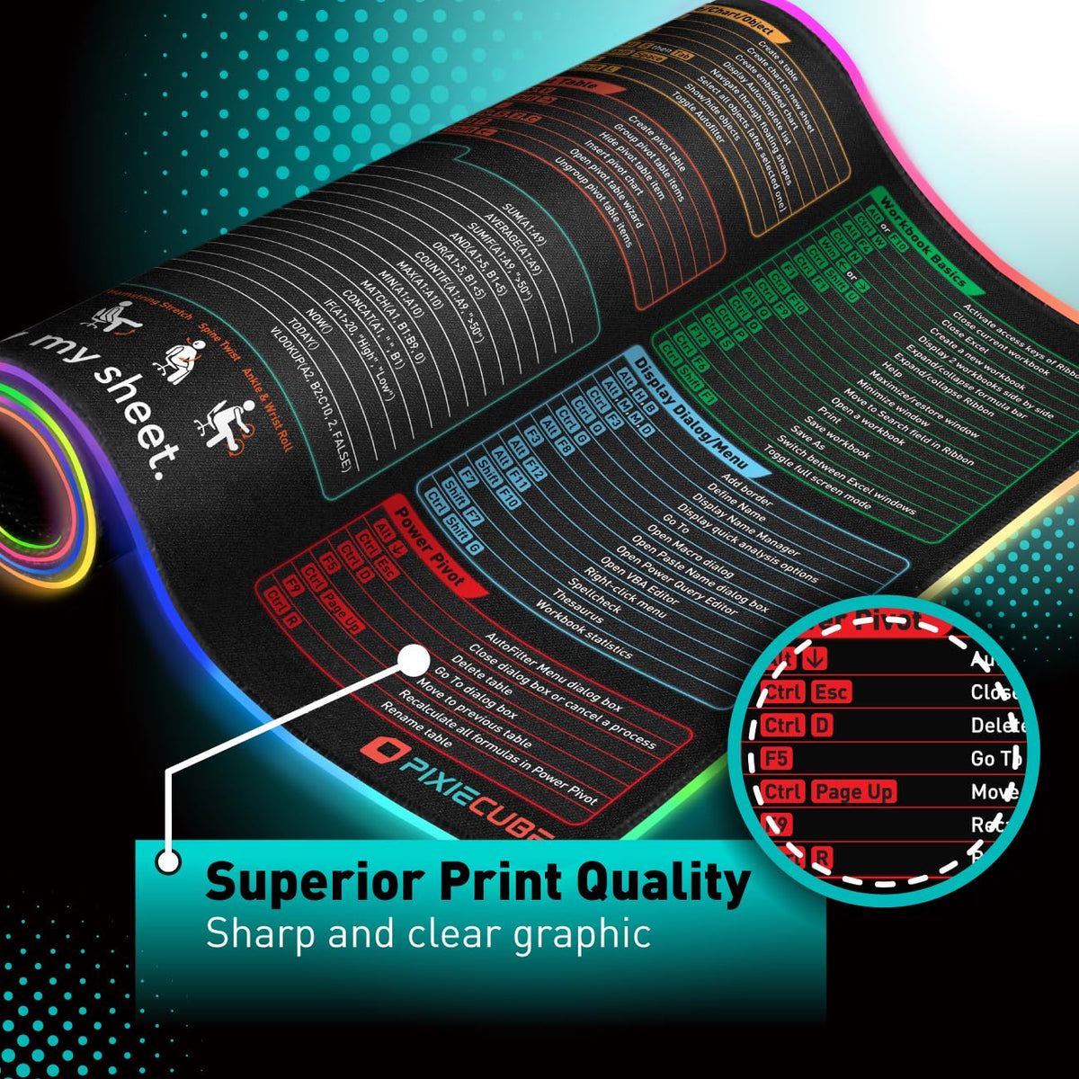 Excel Cheat Sheet LED Desk Pad | Excel Shortcut Keys Mouse Pad - Colorful RGB Luminous Extended