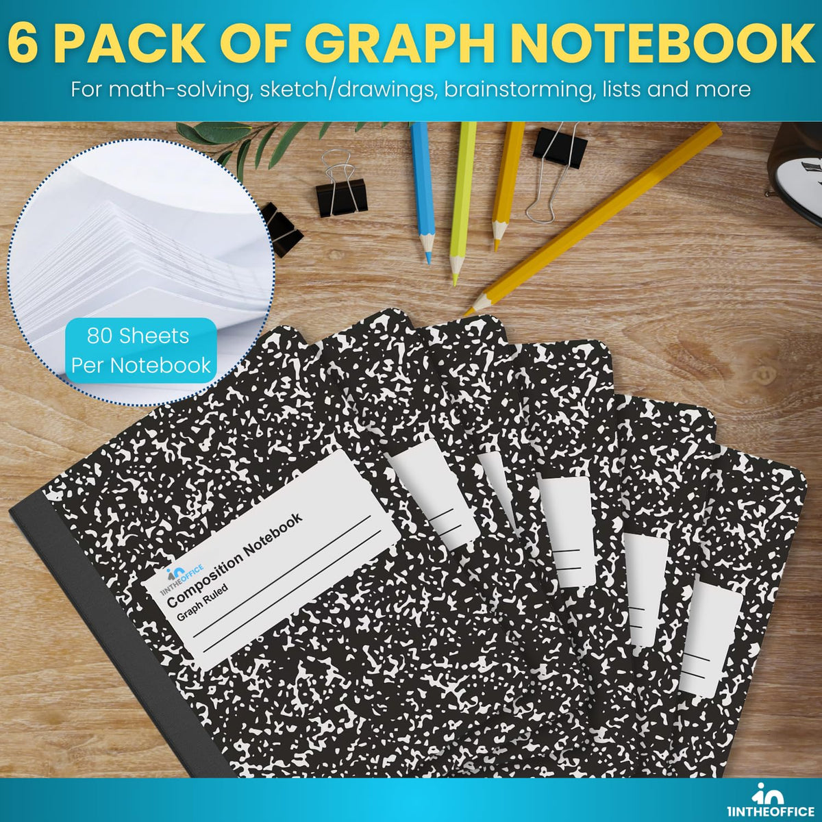 1InTheOffice Graph Paper Composition Notebook, Quad Ruled Graph Notebook, 80 Sheets, 7.5 x 9.75