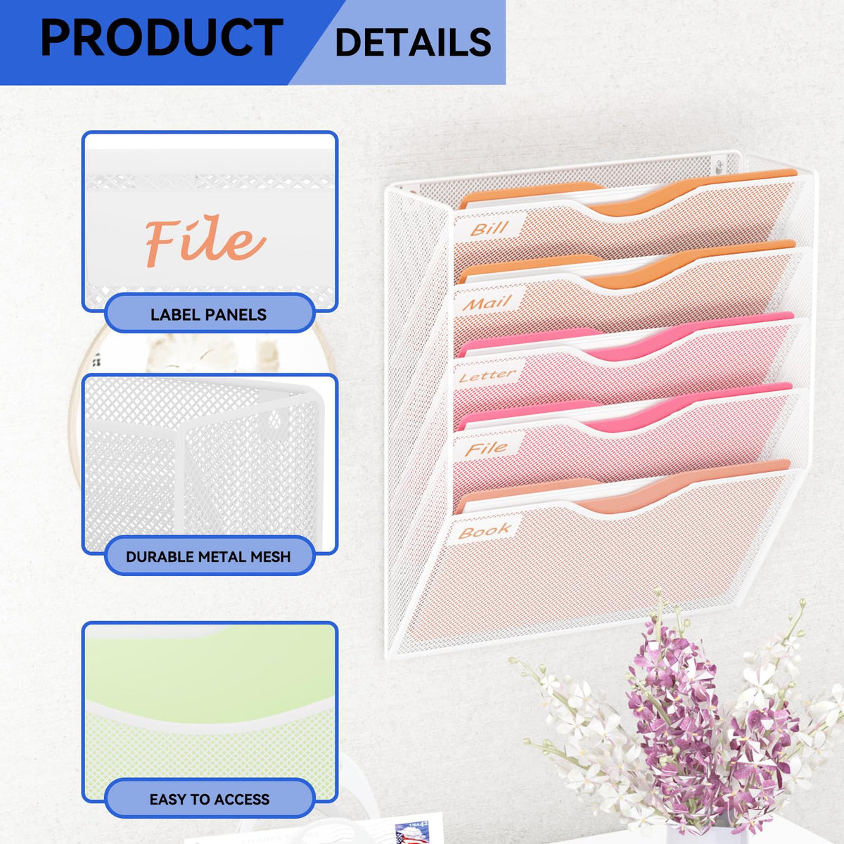GDINDINFAN 5 Pockets Hanging Wall File Organizer Mail Holder, Wall Mounted Paper Document Folder