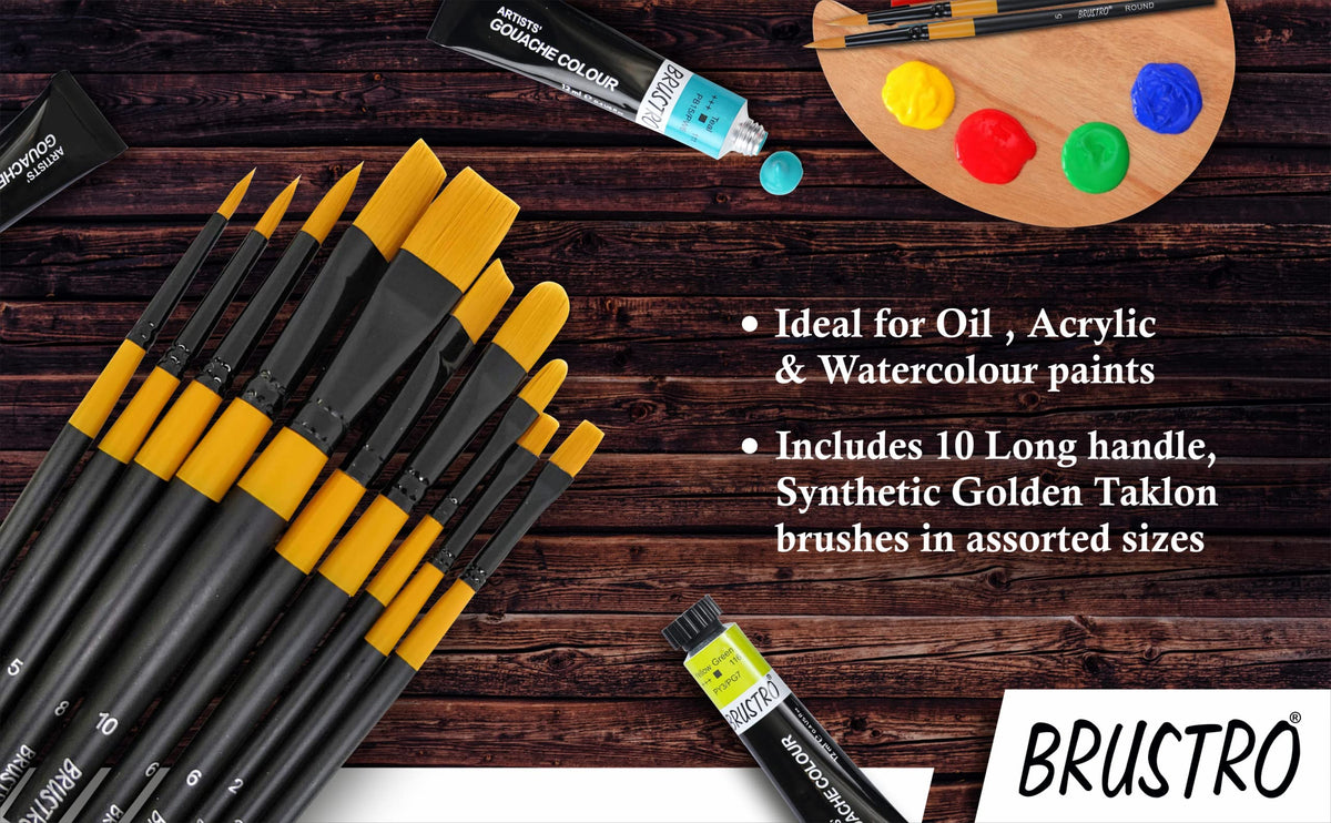 BRUSTRO Artists Gold Taklon Set Of 10 Brushes For Acrylics, Oil And Watercolour. Gold Taklon Set of