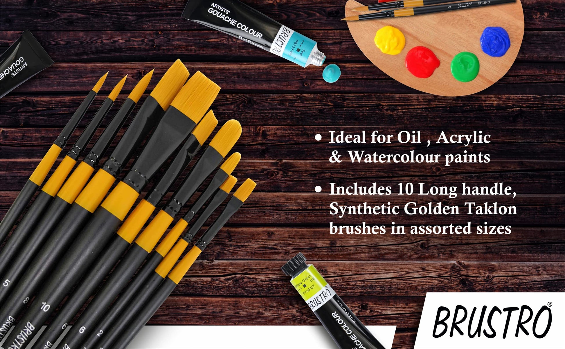 BRUSTRO Artists Gold Taklon Set Of 10 Brushes For Acrylics, Oil And Watercolour. Gold Taklon Set of