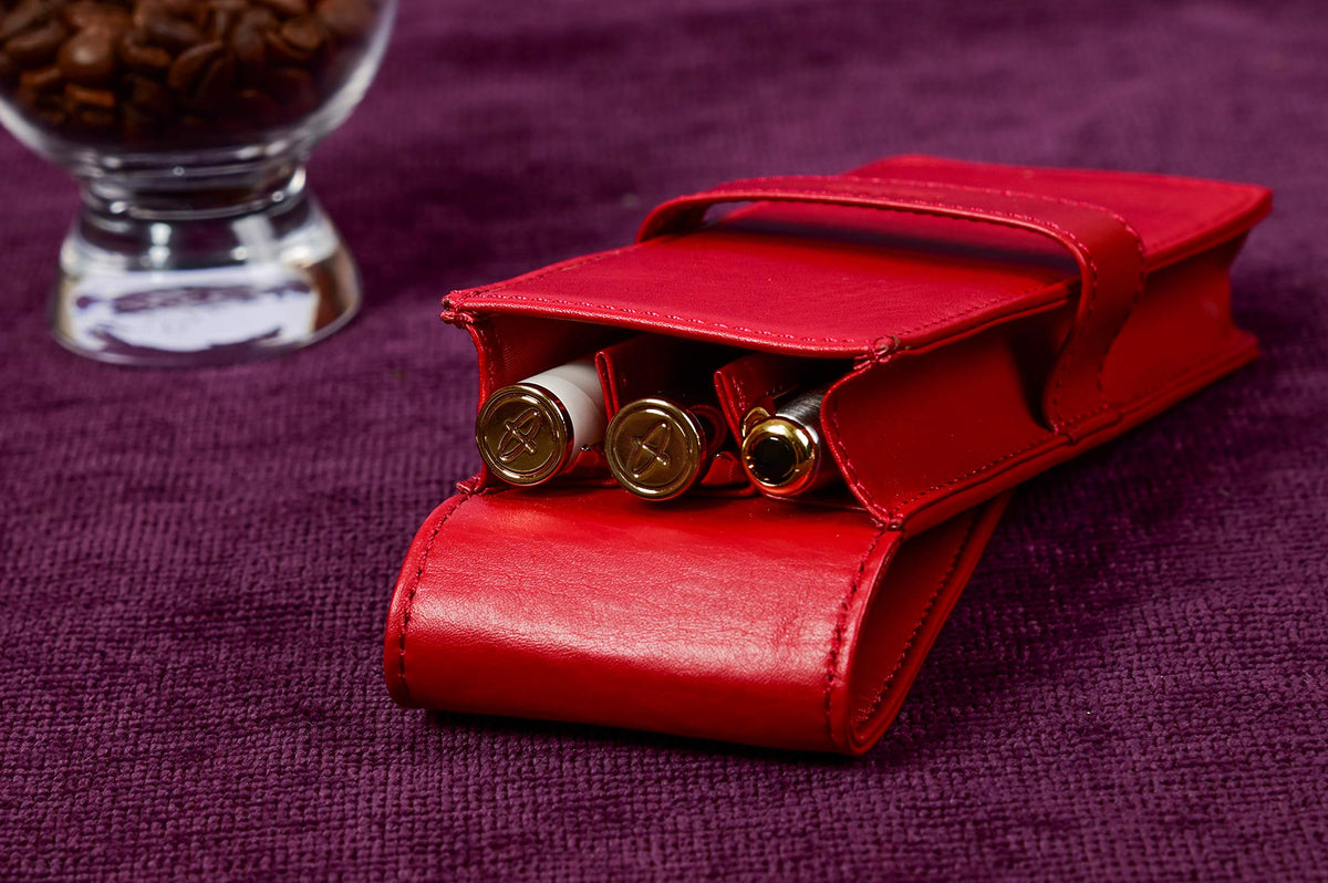DiLoro Leather Triple Pen Case Pencil Pouch Holder for Three Fountain Ballpoint Rollerball Pens and