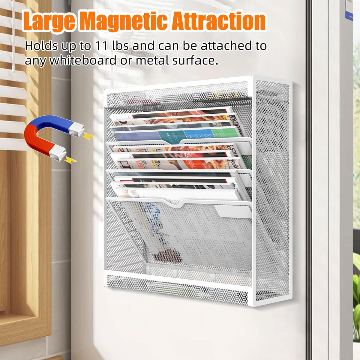 5 Tier Magnetic File Holder, No Drilling Wall File Organizer, Magazine Paper Mail Document