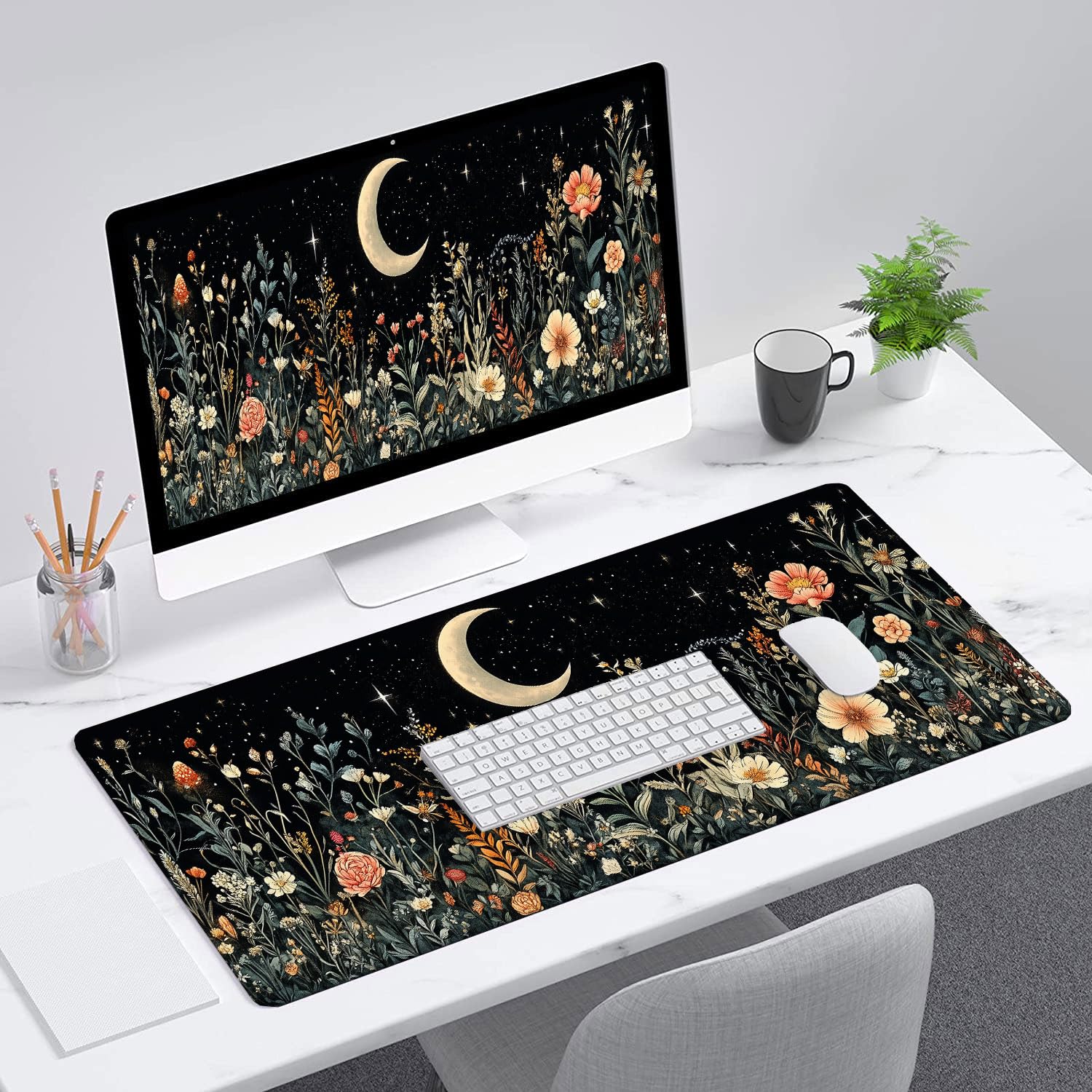 Cute Mystical Plants Desk Pad Whimsical Moon Stars Extended Gaming Mouse Mat with Stitched Edge