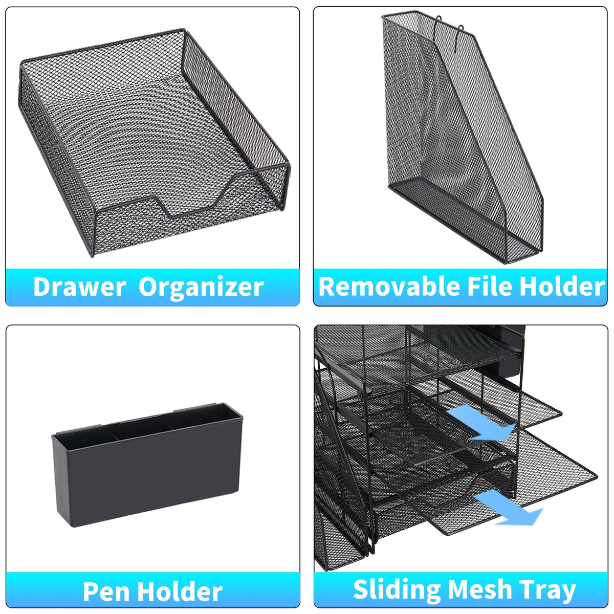 Gugsey 5-Tier Desk File Organizer with Drawer & Pen Holder (Black)