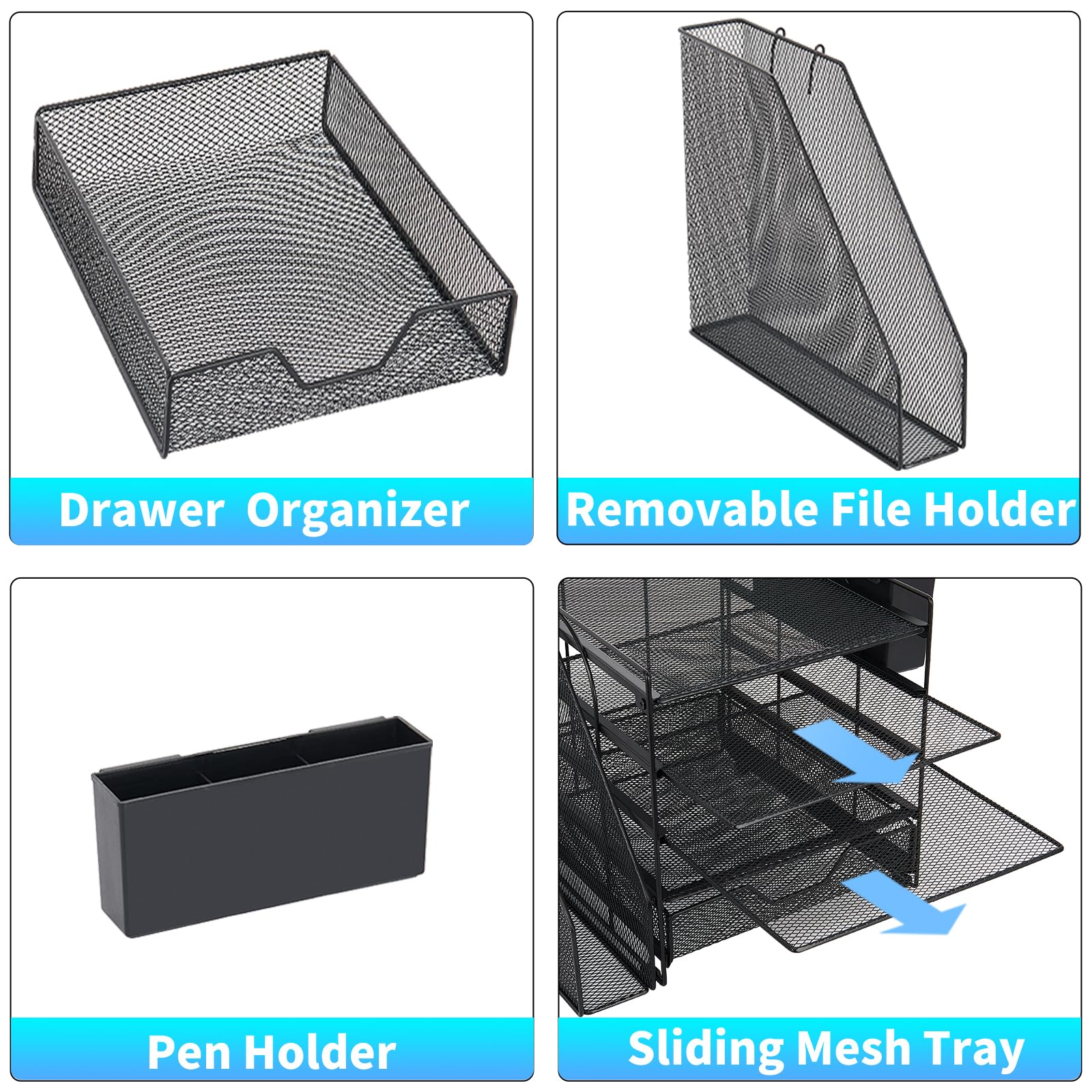 Gugsey 5-Tier Desk File Organizer with Drawer & Pen Holder (Black)