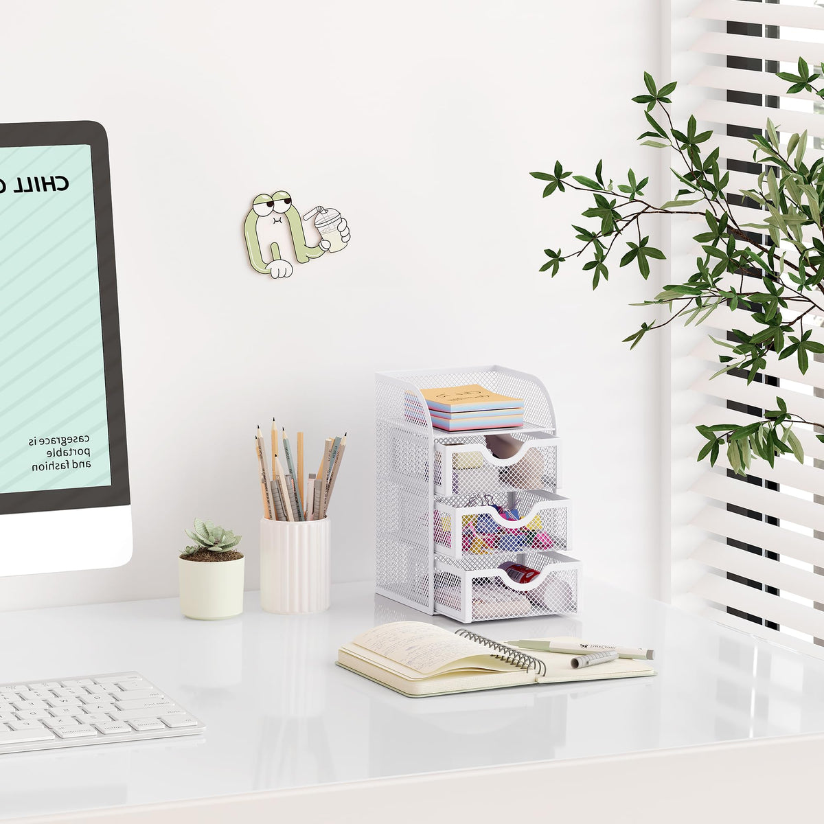 EasyPAG Mesh Desk Organizer with 3 Drawer Office Desktop Organizers and Accessories Stationery