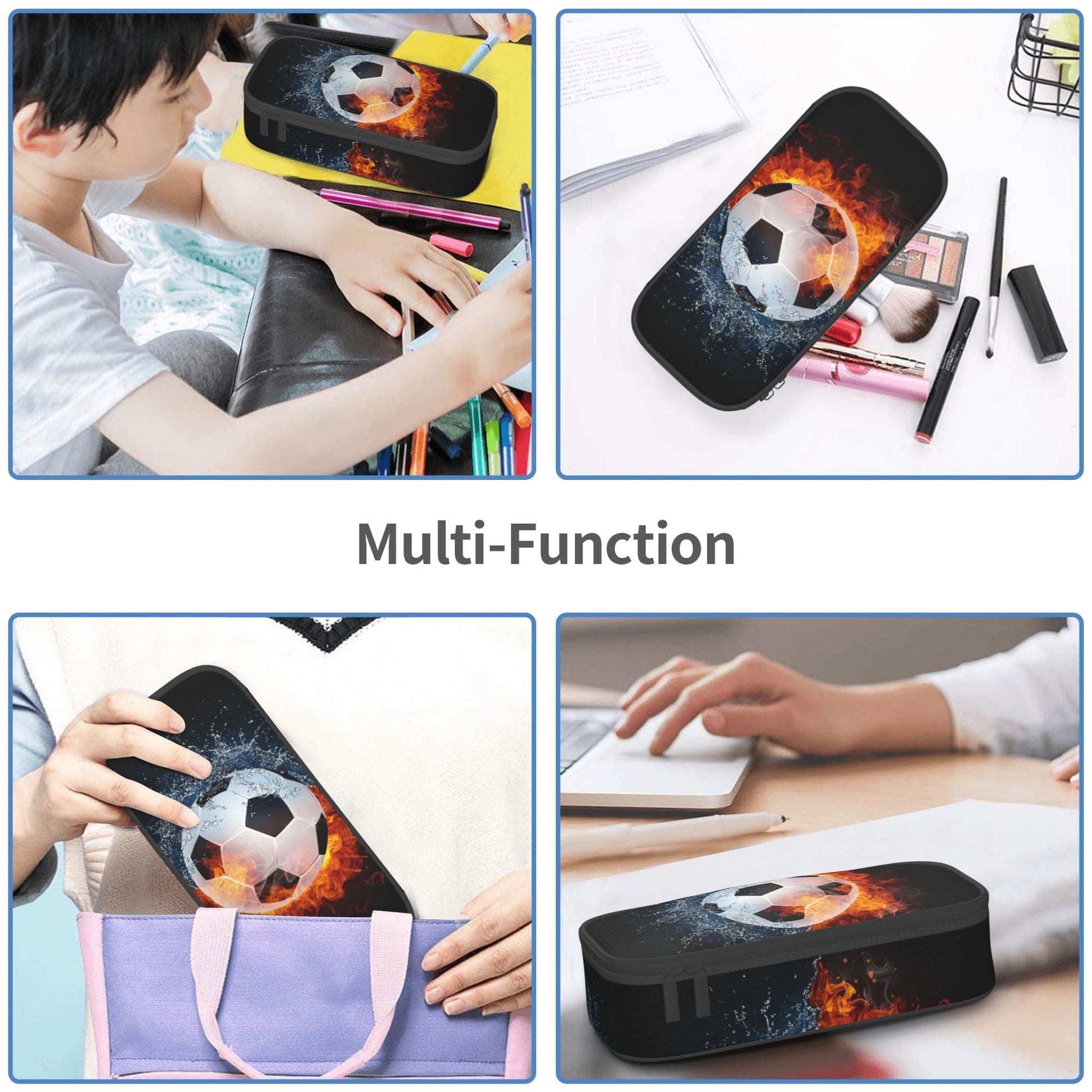 Boys Soccer Pencil Case with Water & Fire Pattern Print, Cool Black Pencil Box for Kids