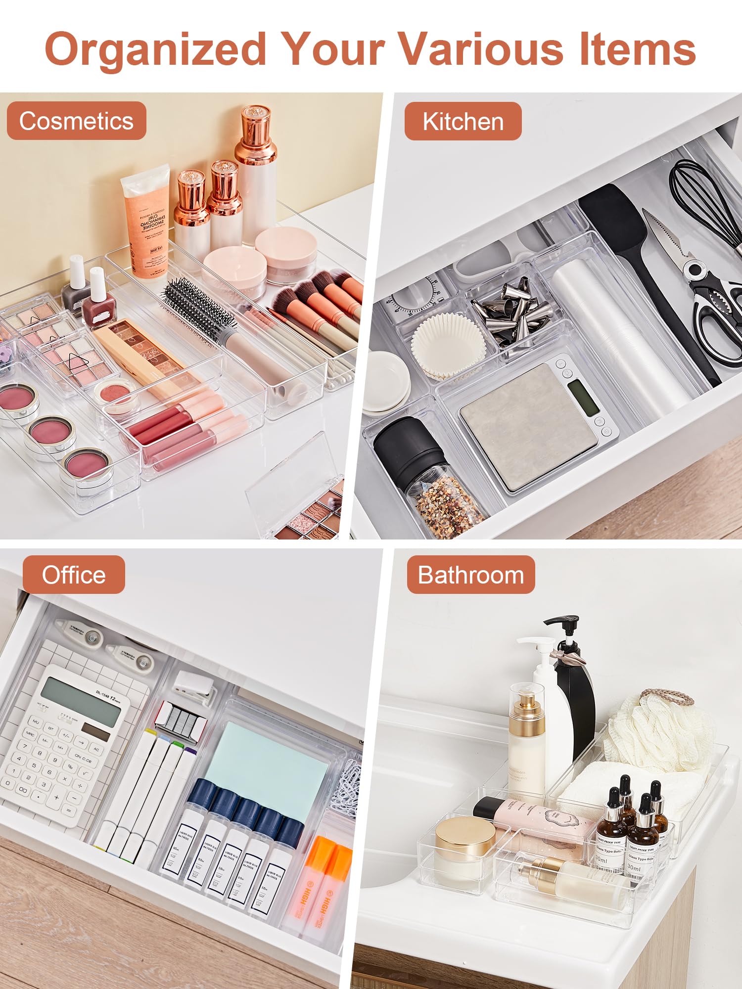 SMARTAKE 30-Piece Drawer Organizer with Non-Slip Silicone Pads, 7-Size