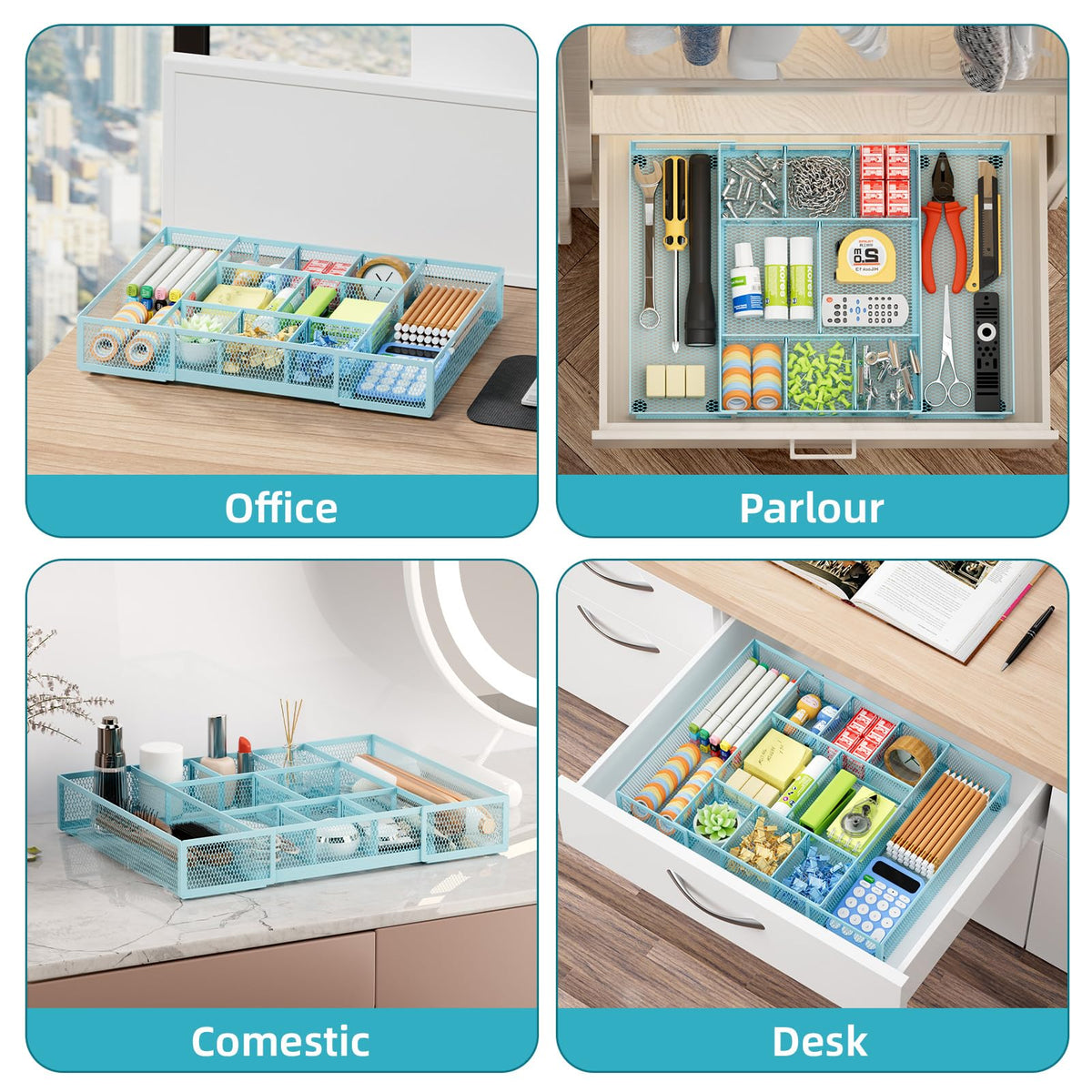 Marbrasse Expandable Desk Drawer Organizer, Mesh Drawer Organizer Tray with 10 Adjustable