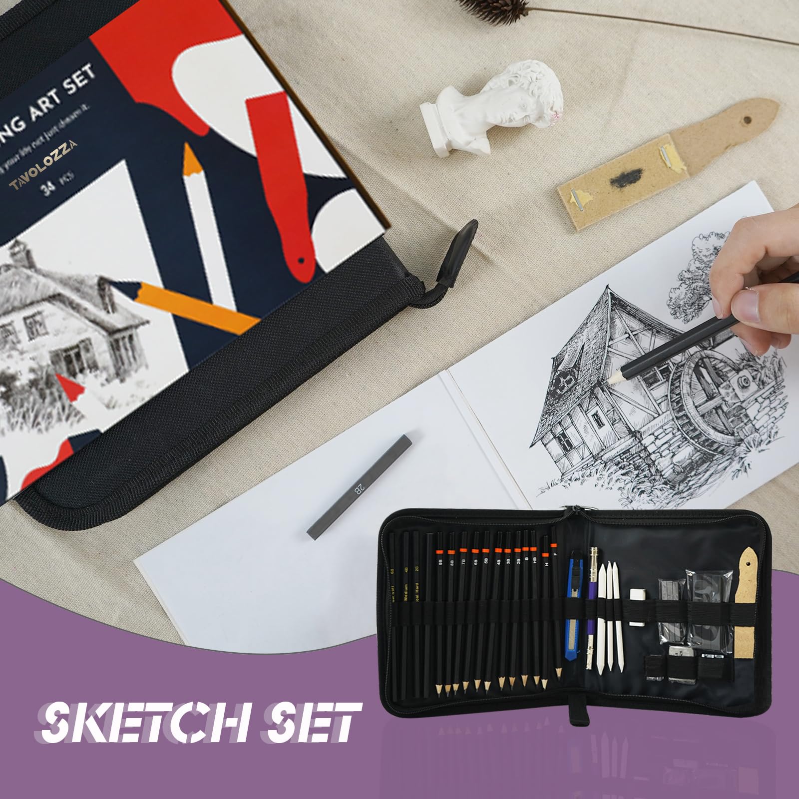 Tavolozza Drawing Art Pencils Set, 34 Pack Professional Drawing and Sketch Pencil Set in Soft-Sided