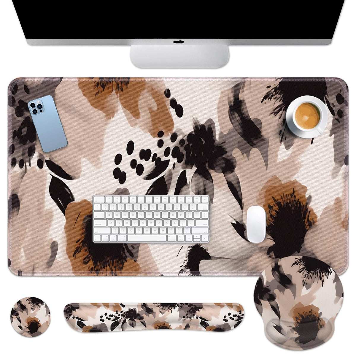 Britimes Keyboard Mouse Pad Set, 4 in 1 Desk Mat Set, Boho Tribal Brown