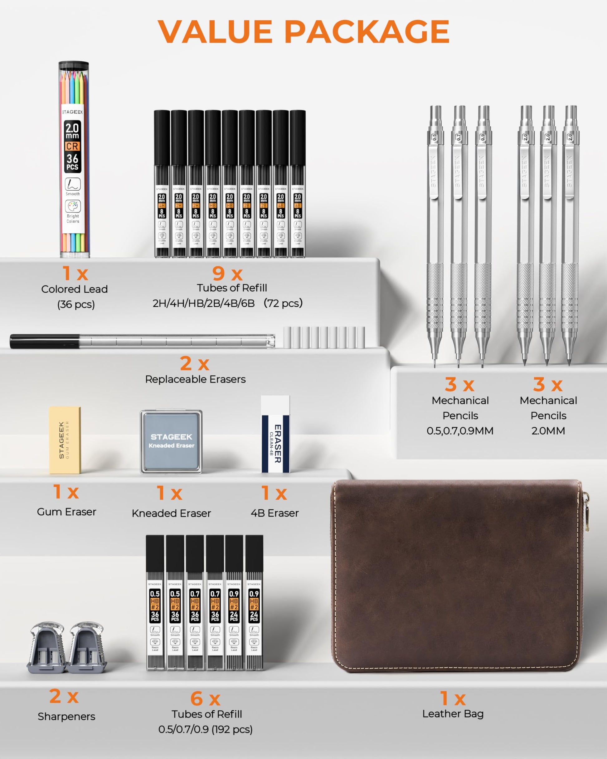 STAGEEK 30Pcs Silver Metal Mechanical Pencil Set with Leather Case