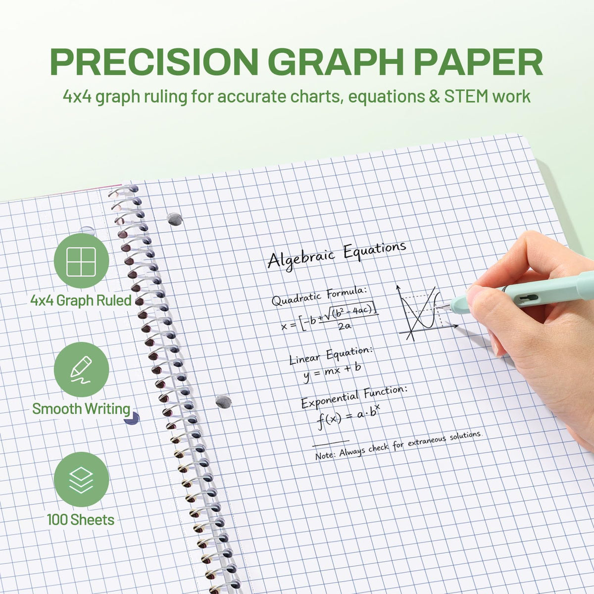 SUNEE Spiral Notebook, 1-Subject, Graph Ruled Paper, 8" x 10-1/2", 100 Sheets per Notebook, 3-Hole