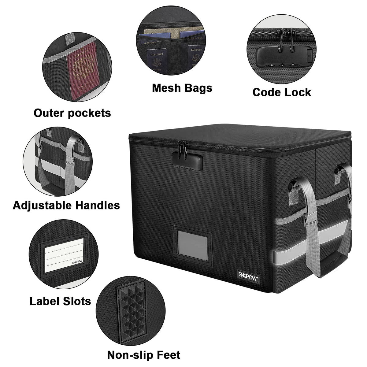ENGPOW File Box with Lock, Fireproof Document Box with Pockets, Collapsible File Organizer Filing