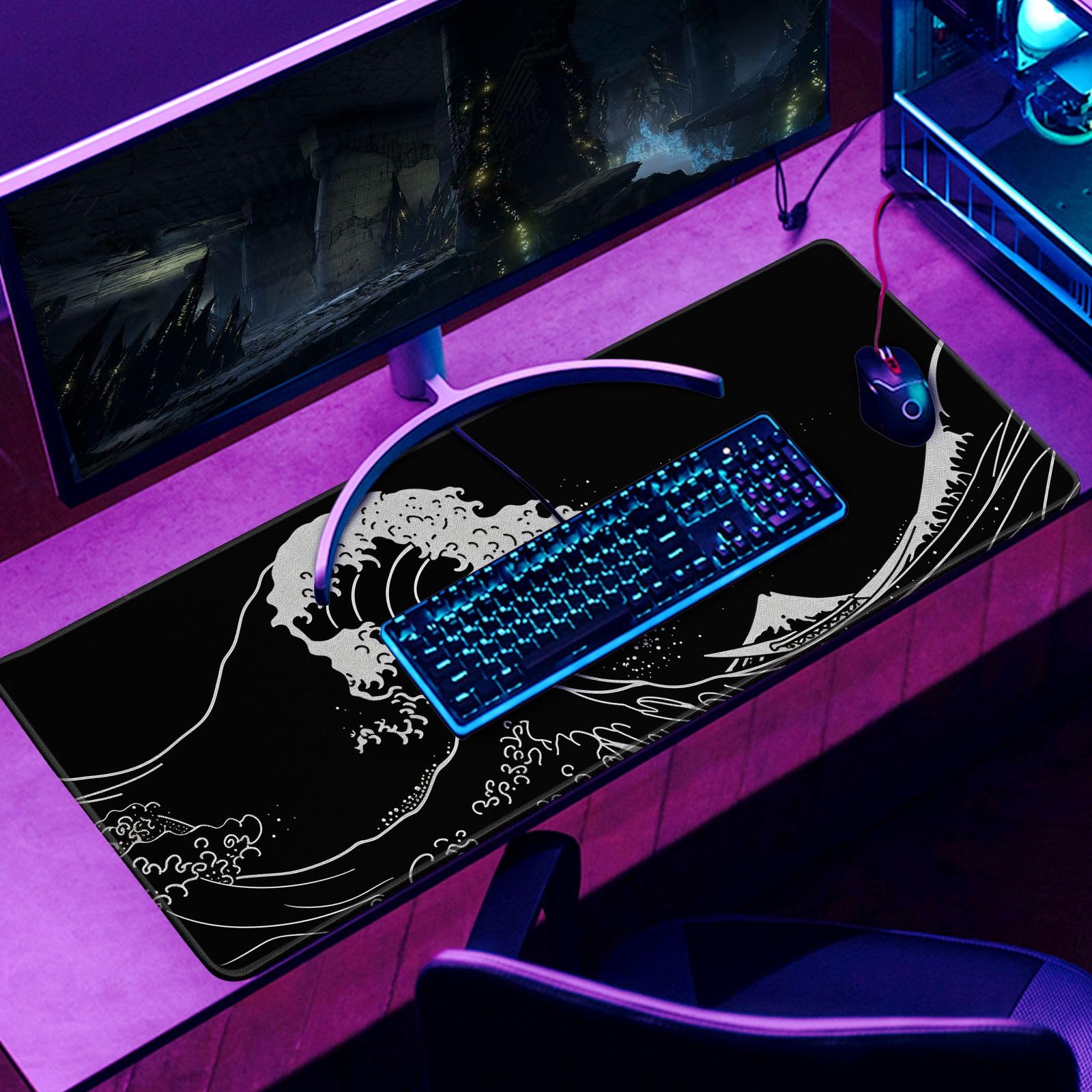 Japanese Sea Wave Gaming Mouse Pad Kanagawa Black Desk Mat Kawaii Mousepad Mouse Pad, Extra Large