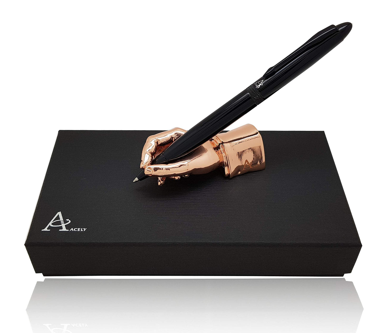 ACELY Executive Glossy Black Ball Point Pen with Hand Shape Pen Holder Metal Art Craft Paperweight