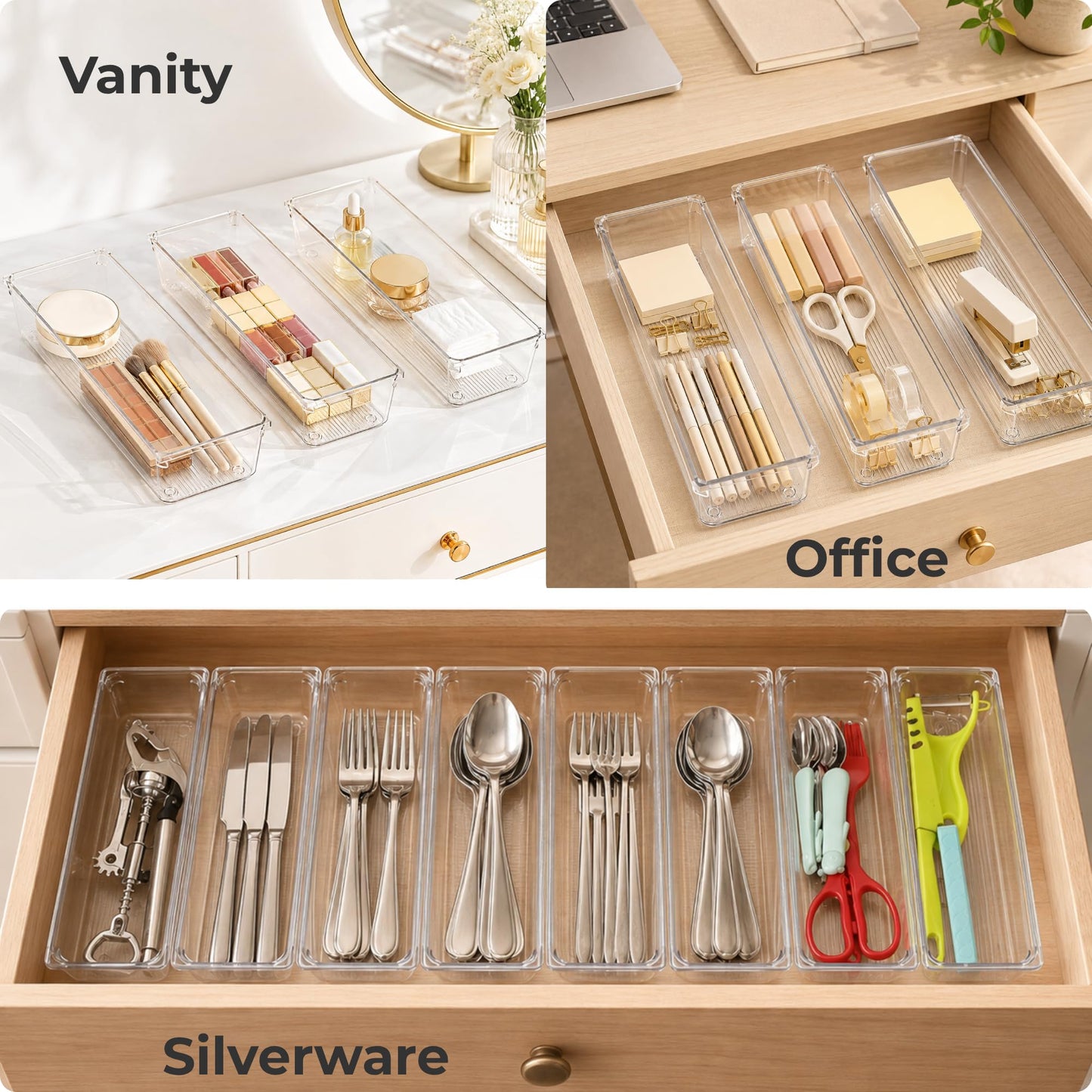 LotFancy 8 Pack Clear Plastic Drawer Organizer Bins, Small Item Organizers