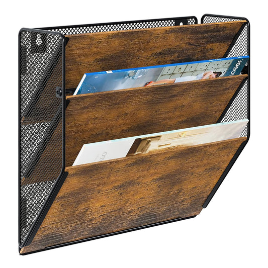 PAG-Mass Wall File Organizer for Office, 3-Tier Rustic Hanging File Holder Wall Storage Rack for