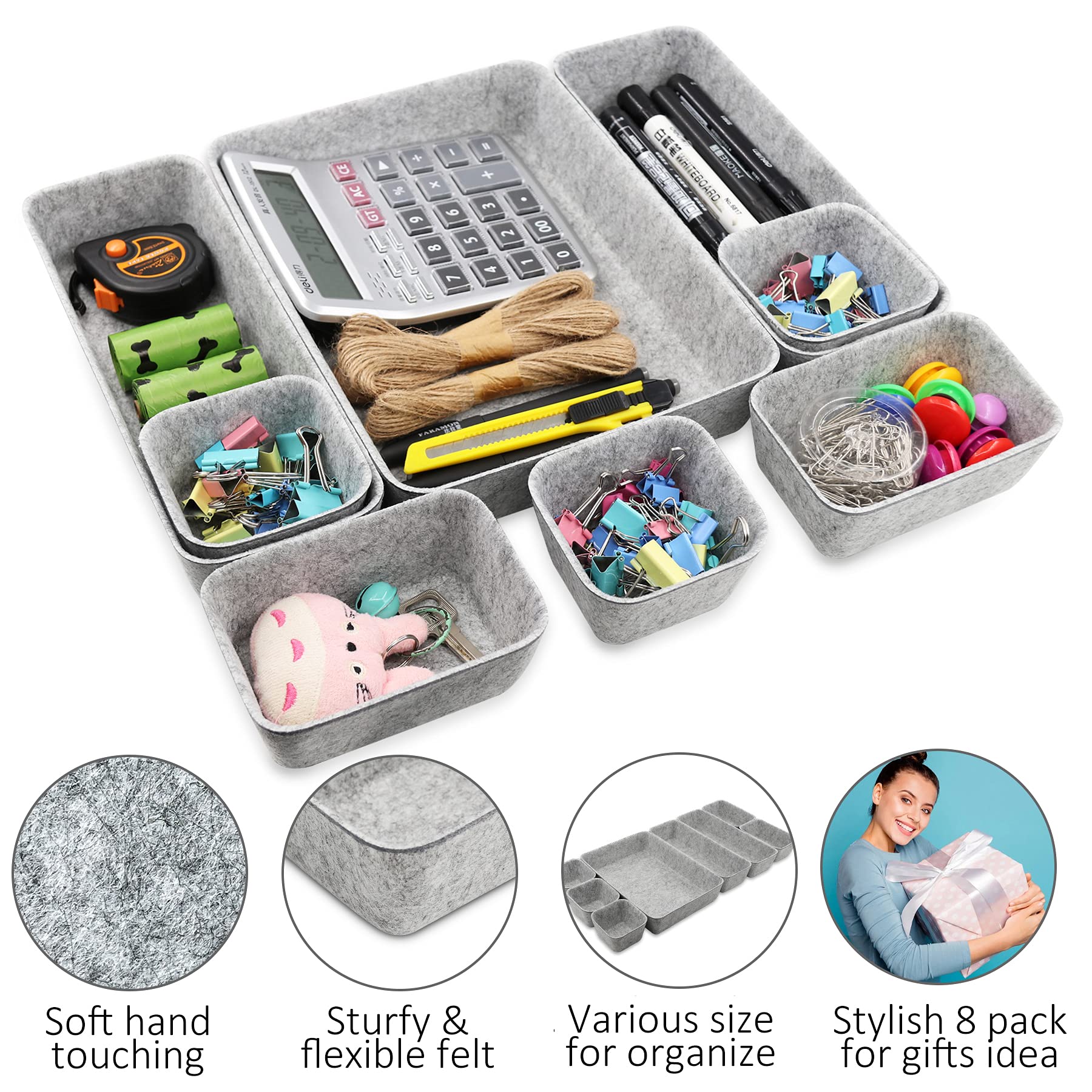 Newthinking Desk Drawer Organizer Trays, 8 Pack Square Storage Box Stackable Dividers, Save Desk