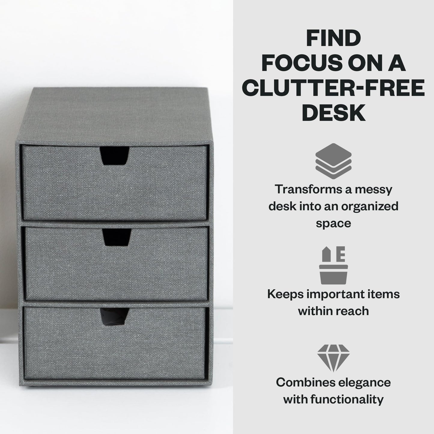 Bigso Box of Sweden Ingrid 3-Drawer Canvas Fiberboard Desk Organizer for Office Supplies and
