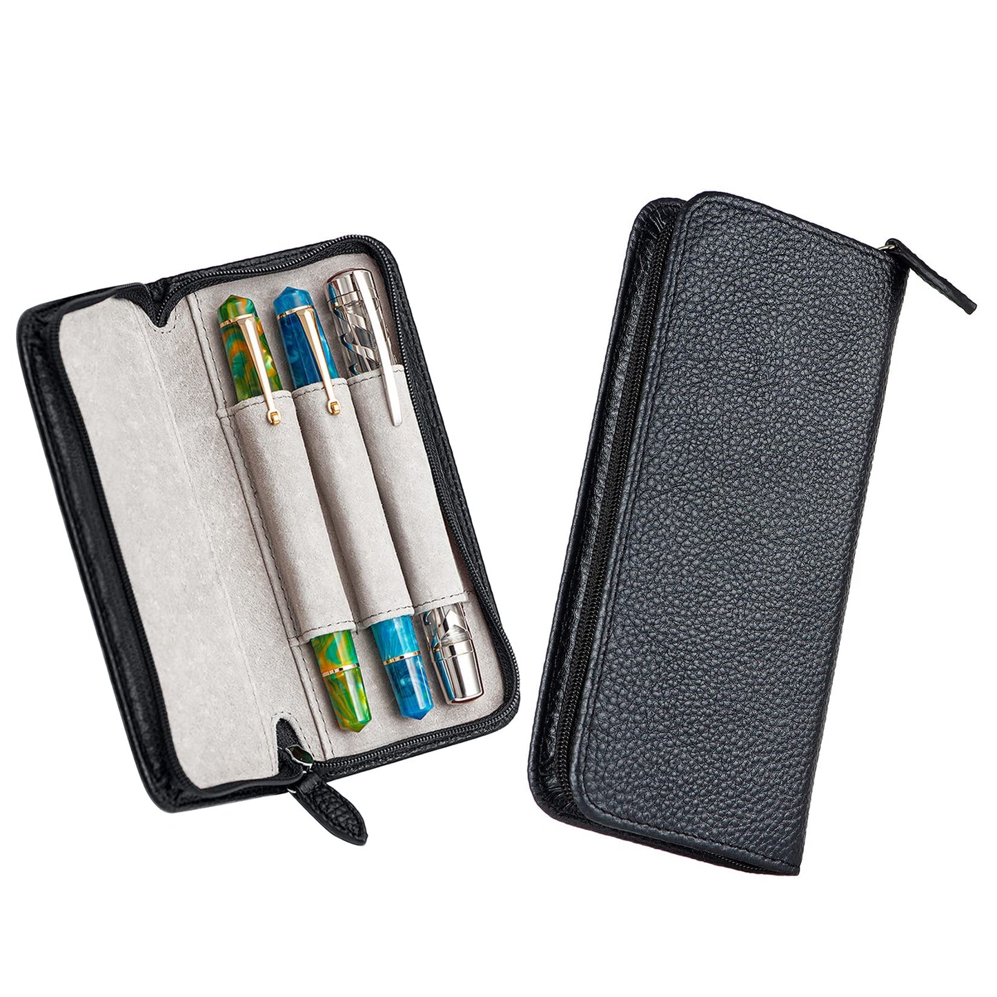 Lanxivi Genuine Leather Fountain Pen Case 3 Divided Slots Black Color, Zippered Pen Case Pouch