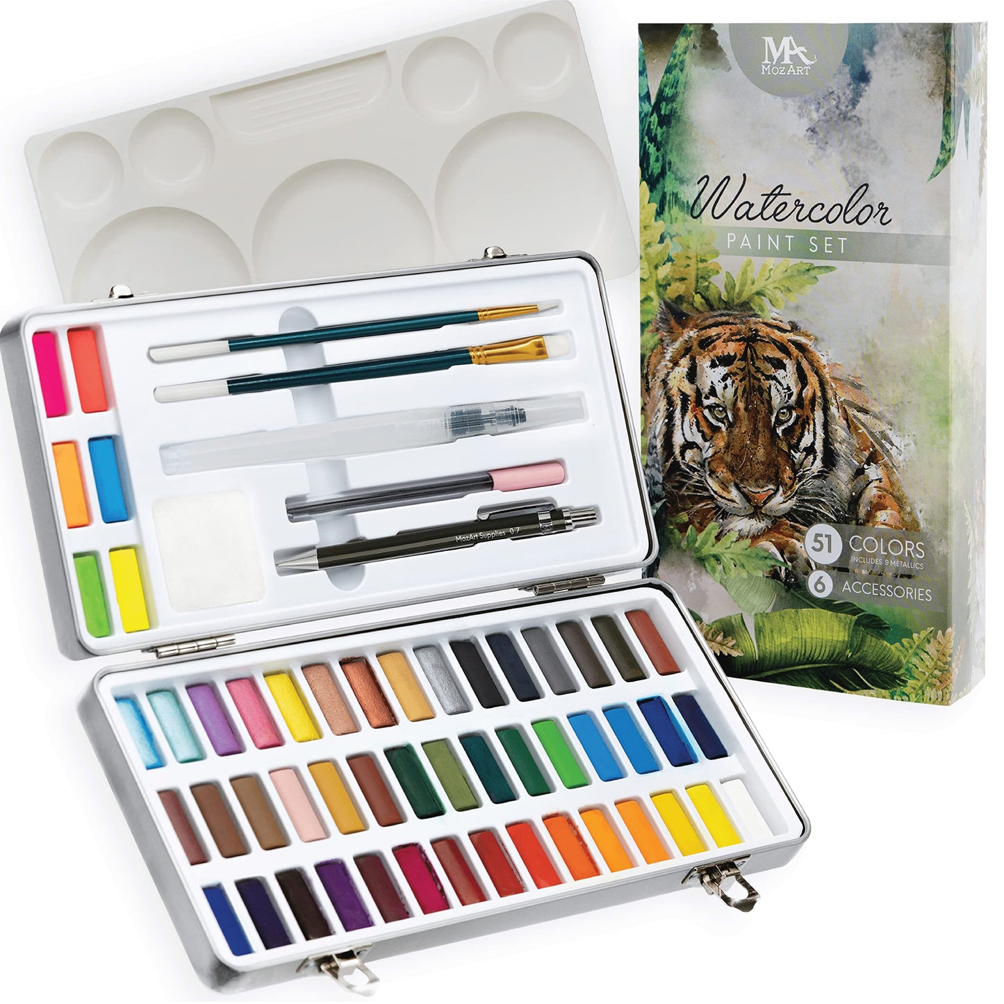 MozArt Supplies - Watercolor paint set 51 Vibrant Colors + accessories - For beginners &