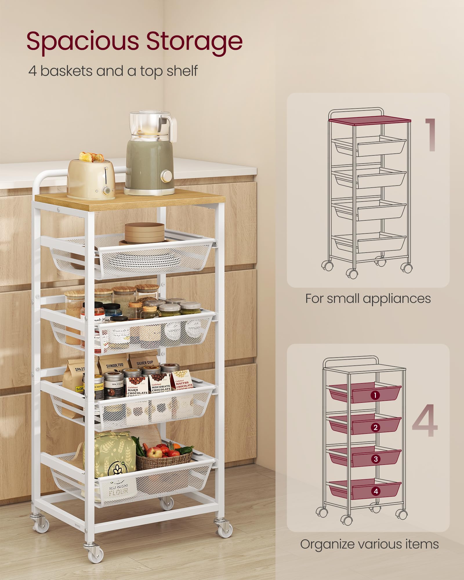 VASAGLE 5-Tier Storage Rolling Cart Organizer with Pull-Out Baskets