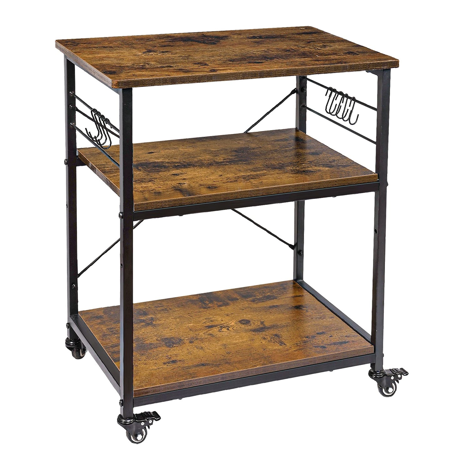 AHB 24" Kitchen Cart with 4 Smooth Wheels and 10 Hooks, 3-Tier Microwave Stand Rolling Bakers Rack
