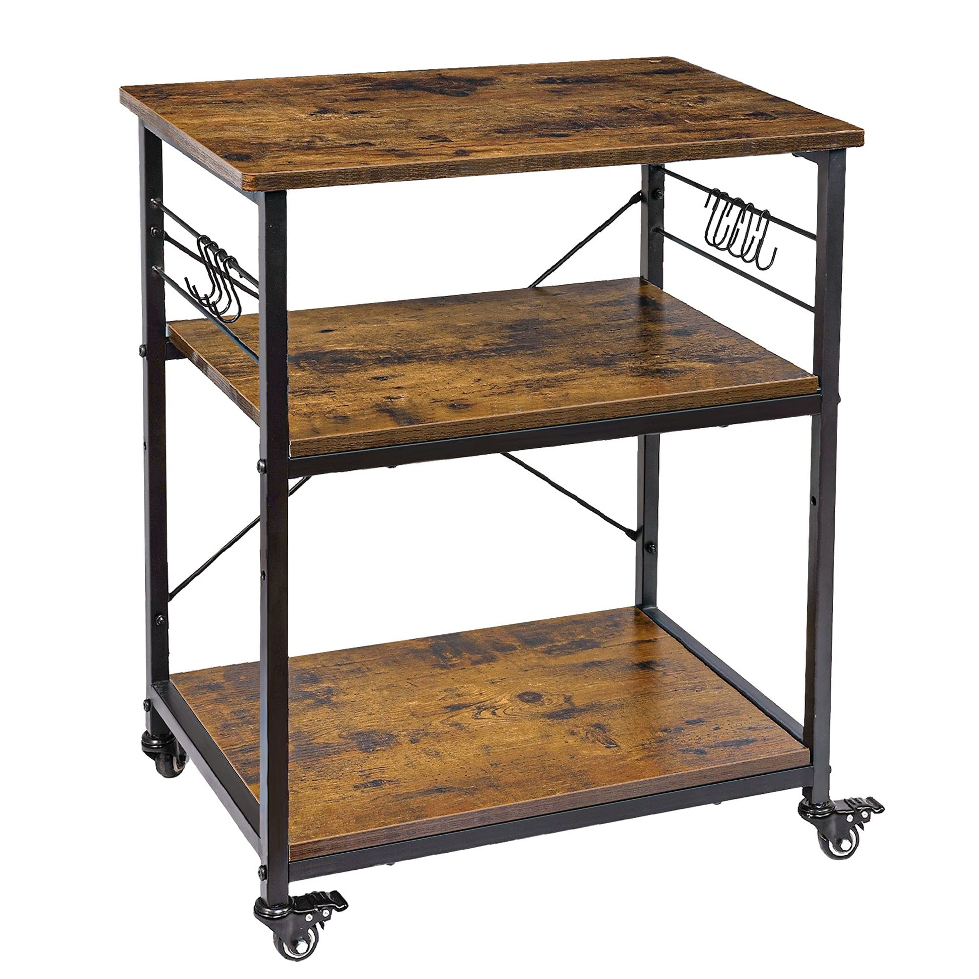 AHB 24" Kitchen Cart with 4 Smooth Wheels and 10 Hooks, 3-Tier Microwave Stand Rolling Bakers Rack
