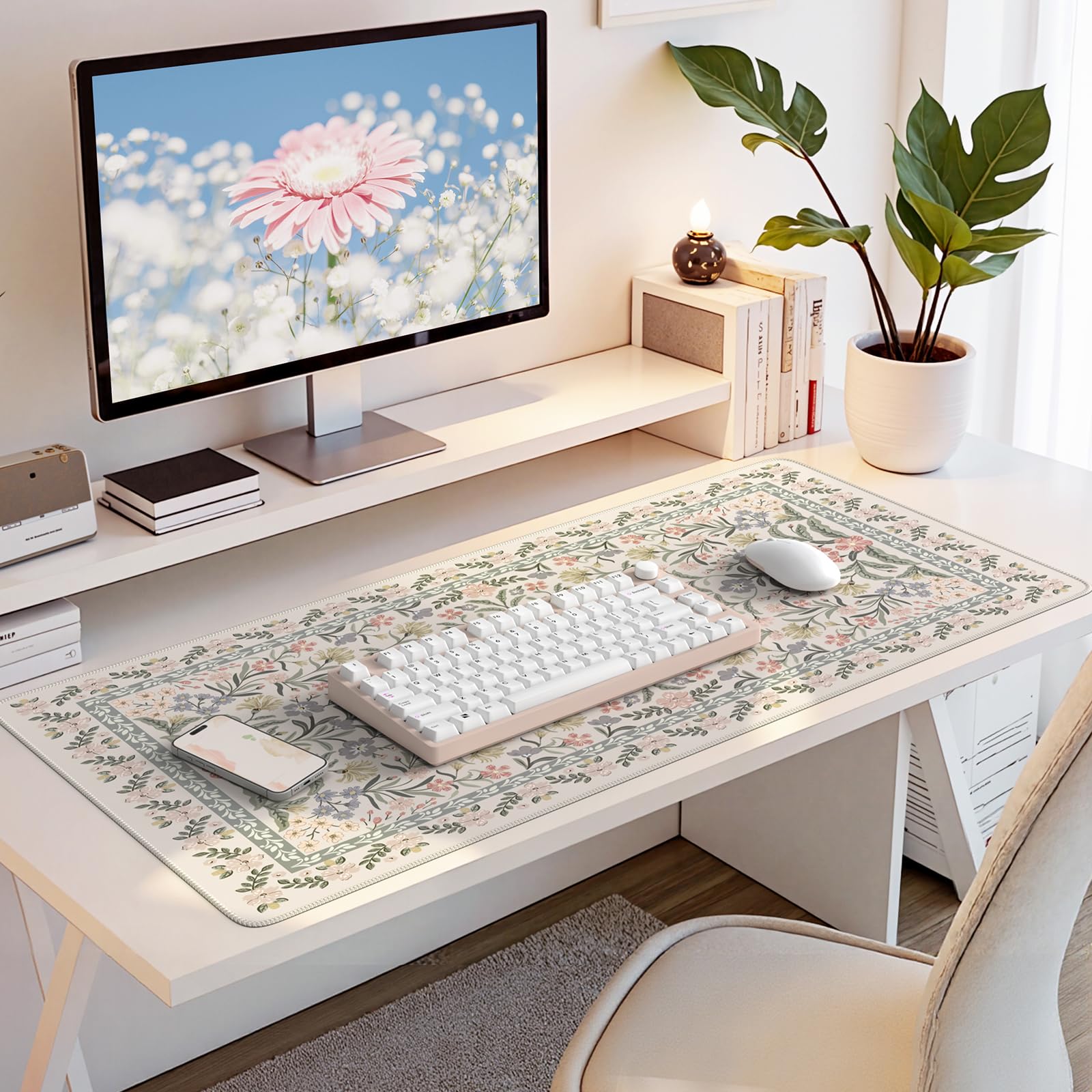 HAOCOO Boho Floral Desk Mat, Vintage Botanical Mouse Pad for Office(Grey)